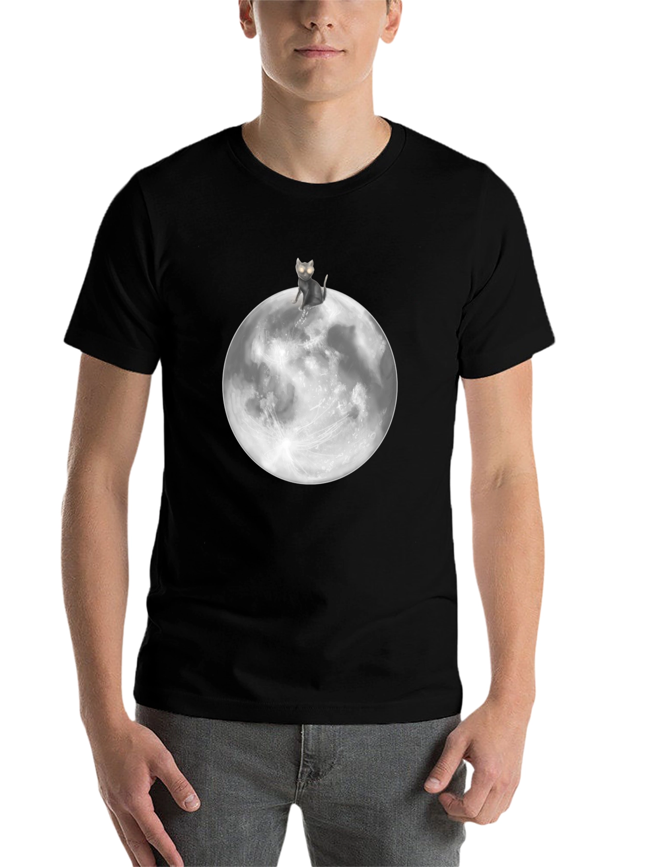 Black Cat On Moon Graphic T-Shirt - Black Cotton Tee view 7