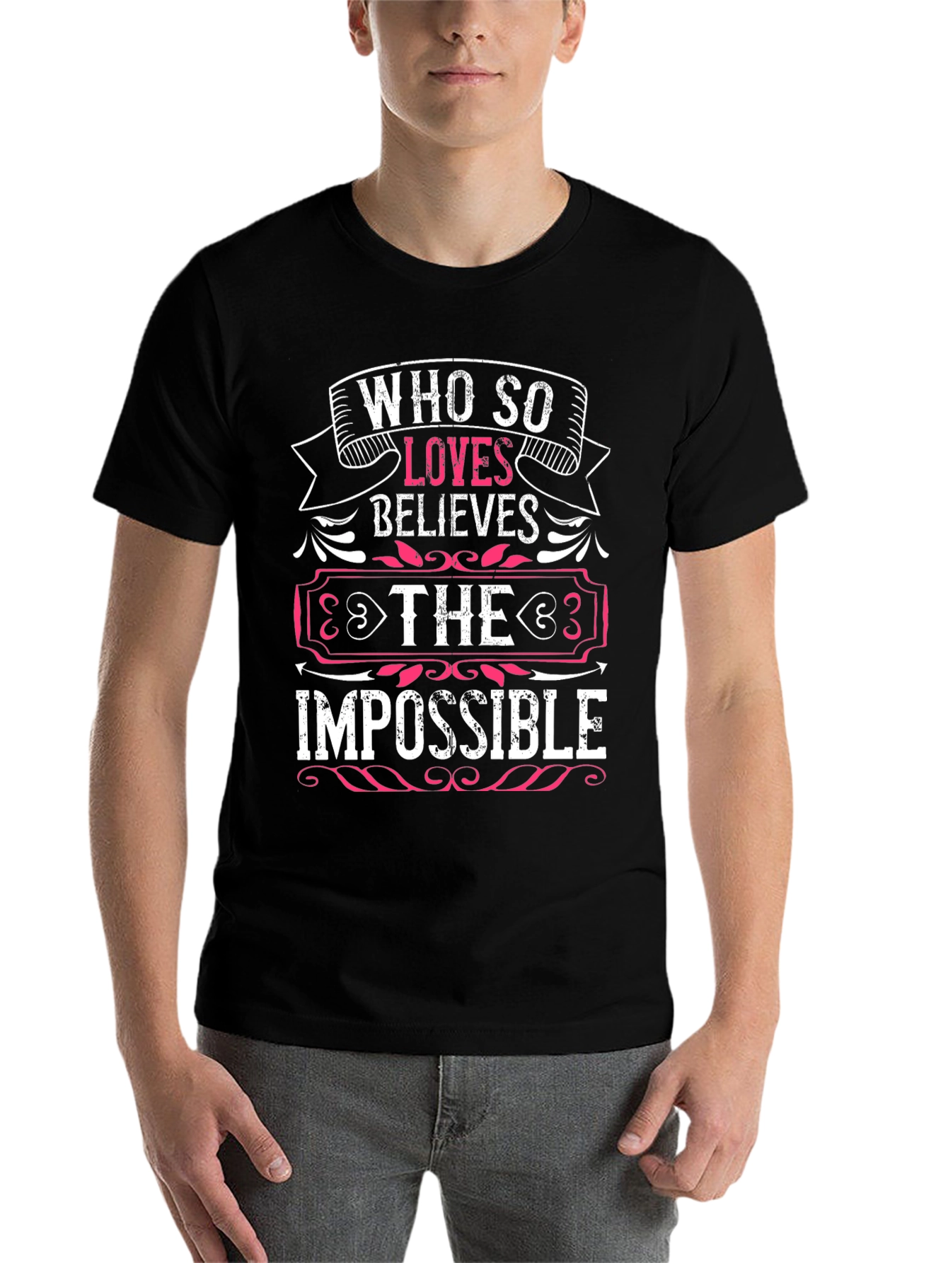 Black Who So Loves Believes Graphic T-Shirt view 7