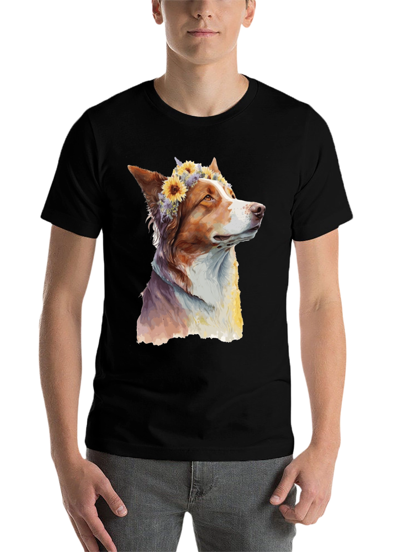 Black Dog with Flowers Graphic Tee - Artistic Print view 7