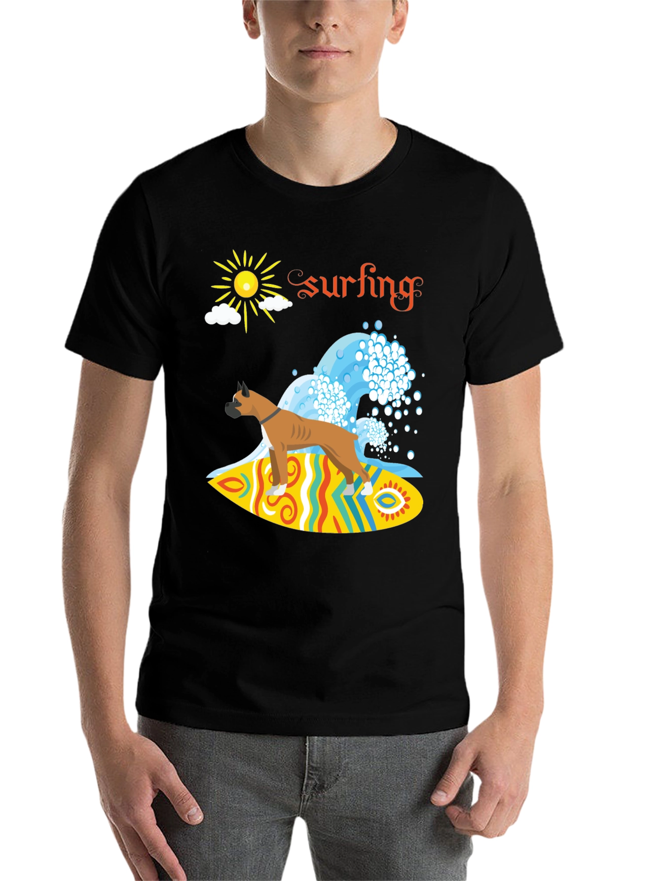 Black Surfing Boxer Dog Graphic Tee view 7