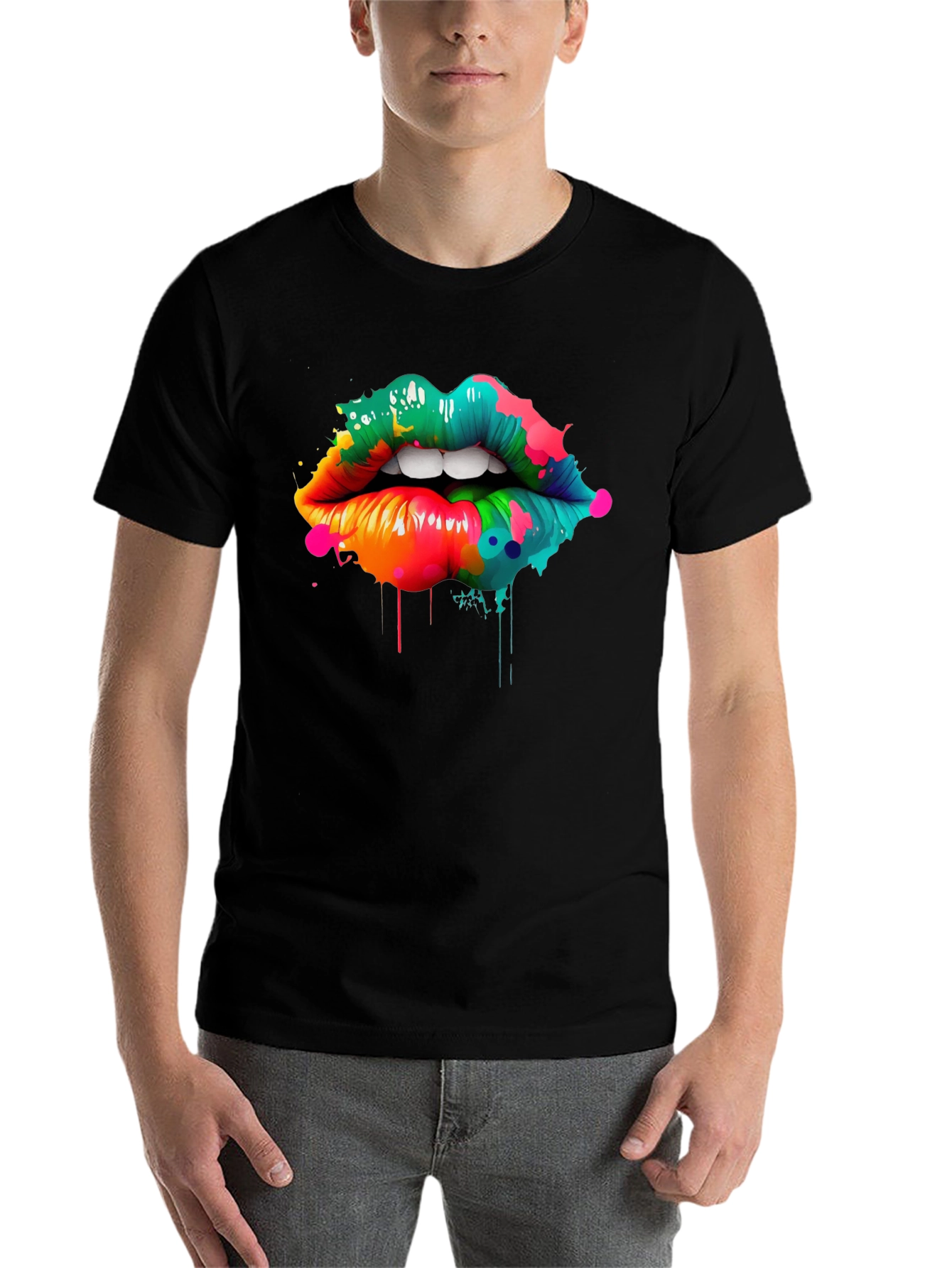 Black Colorful Lips Graphic Print T-Shirt view 7