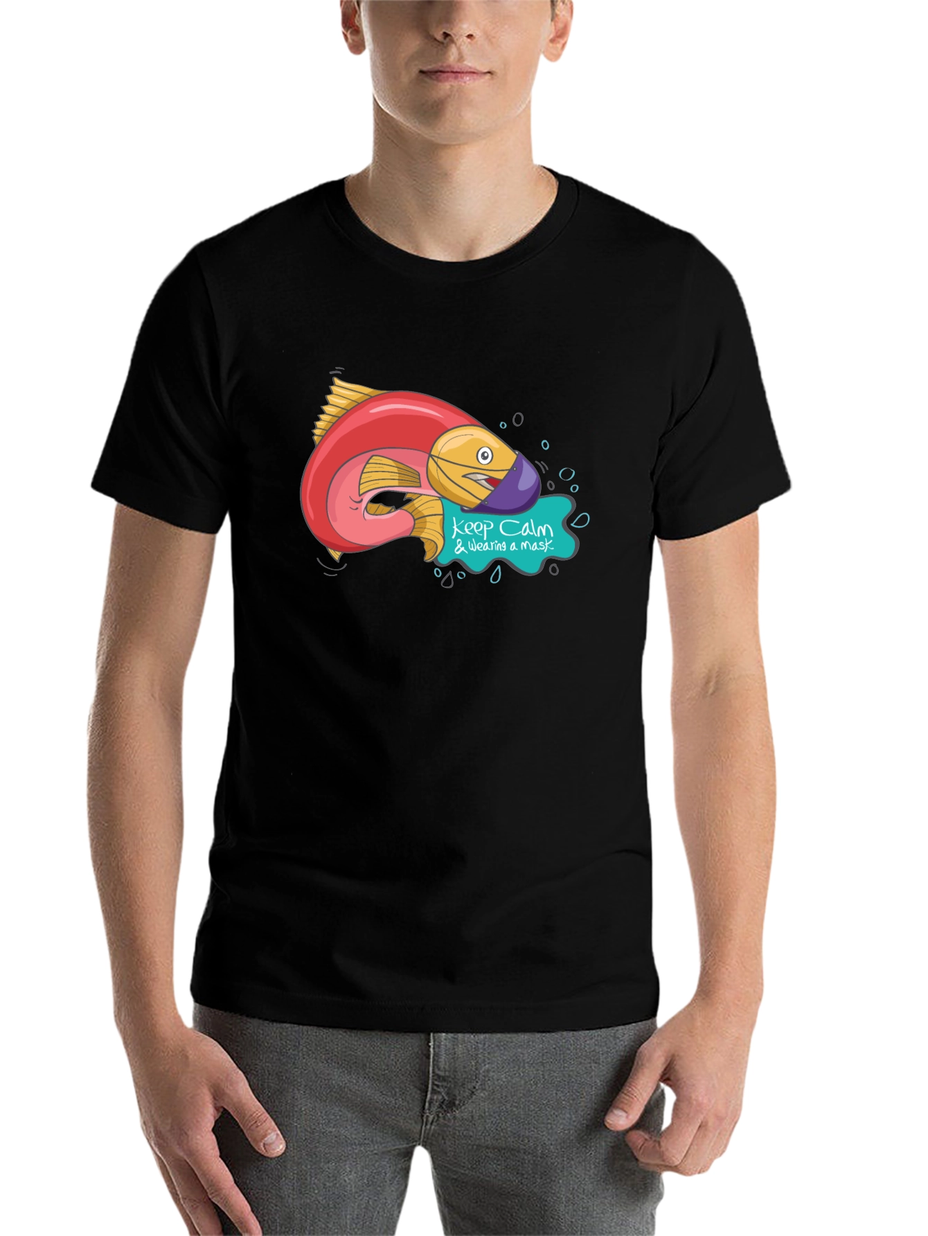 Black Funny Fish Wearing Mask Graphic T-Shirt view 7