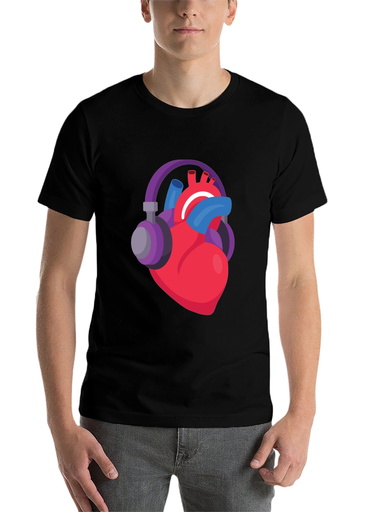 Black Heartbeat Headphones Graphic Tee - Music Lover Shirt view 7