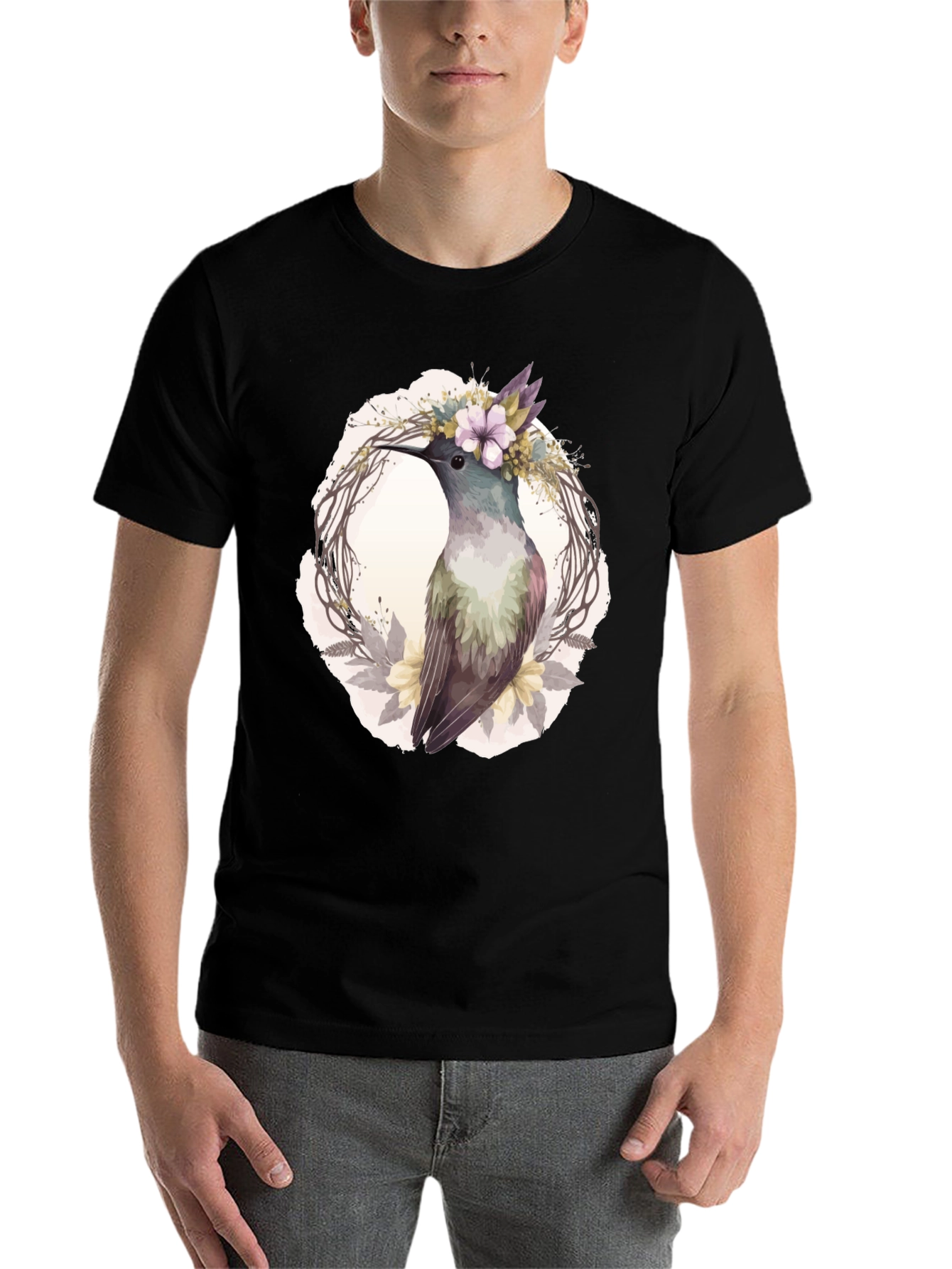 Black Hummingbird Floral Wreath T-Shirt - Nature Lover Tee view 7
