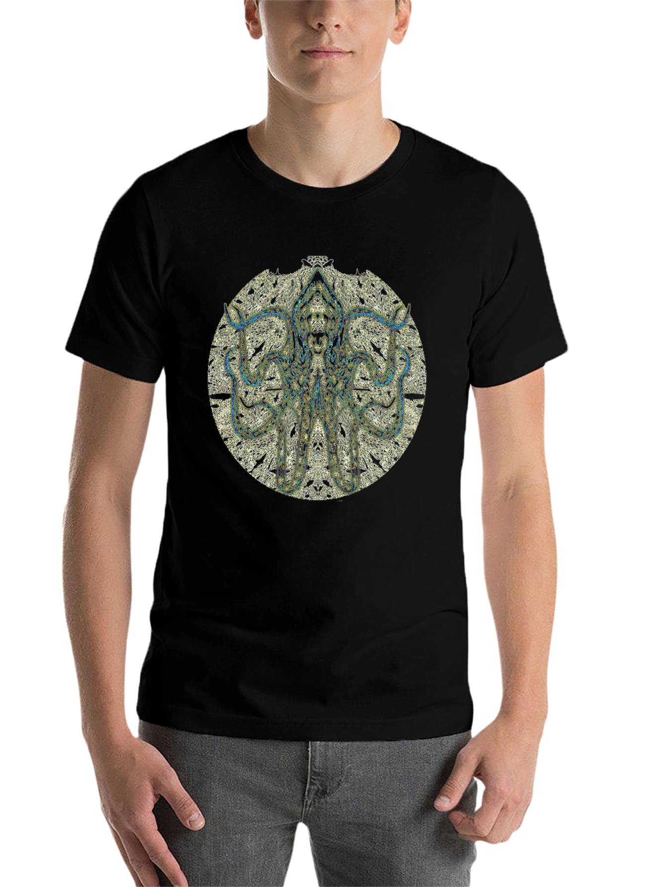 Black Octopus Mandala Black T-Shirt view 7