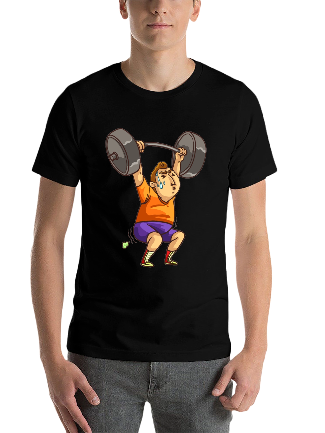 Black Funny Weightlifter Cartoon T-Shirt view 7
