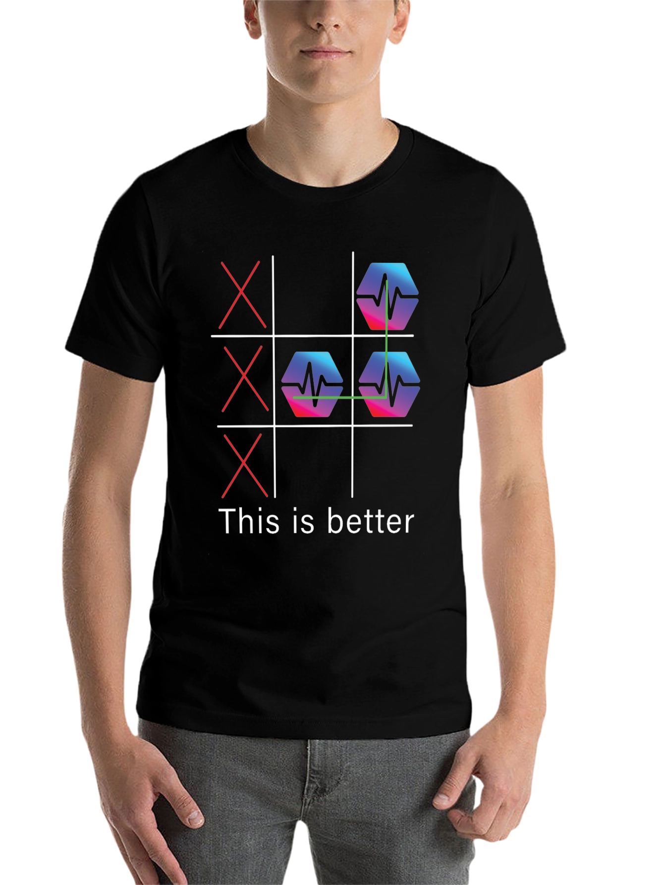 Black Tic-Tac-Toe ECG Pulse Black Graphic Tee view 7