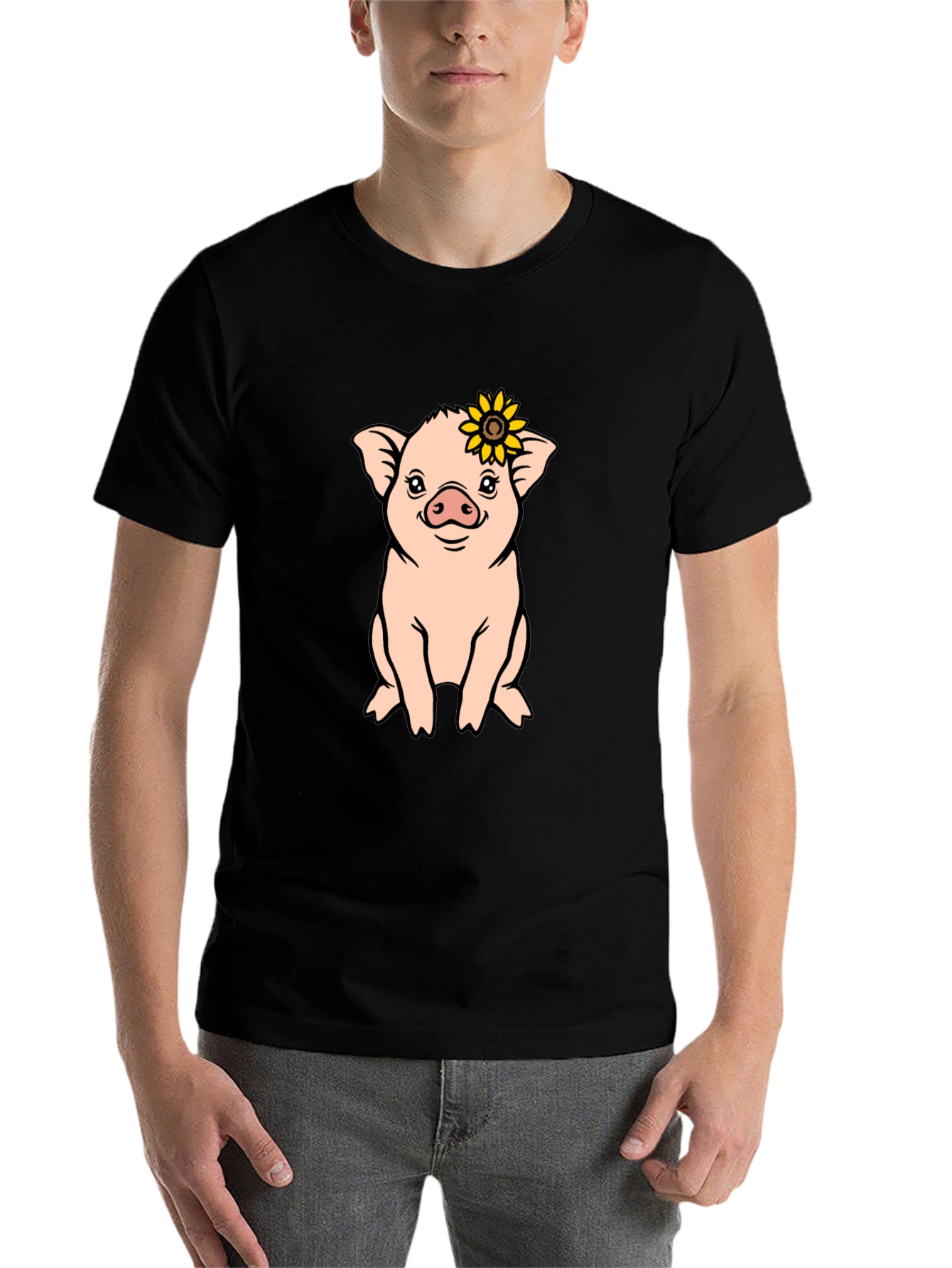 Black Cute Pig with Sunflower Graphic T-Shirt view 7