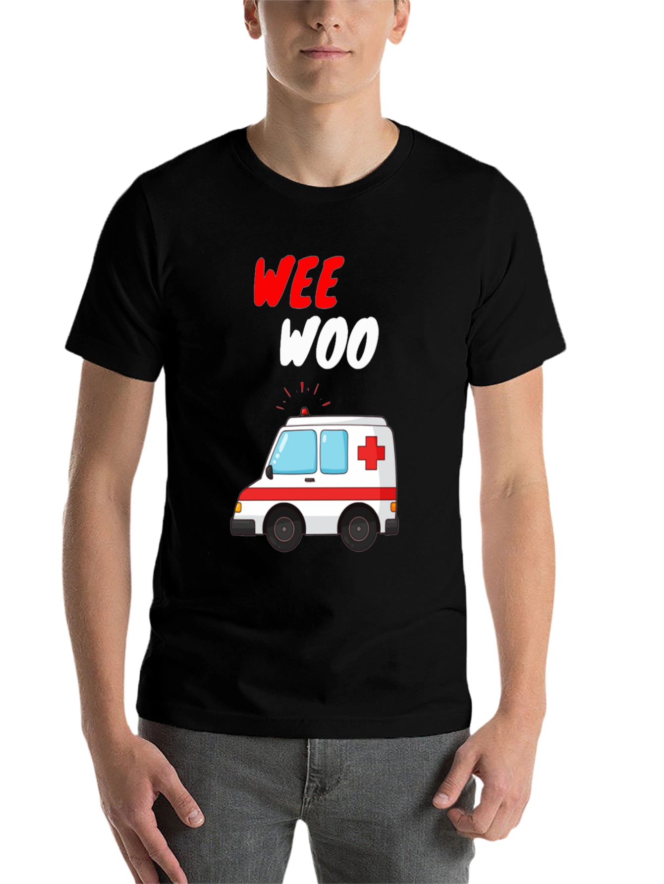 Wee Woo Ambulance Cartoon Black T-Shirt - 7