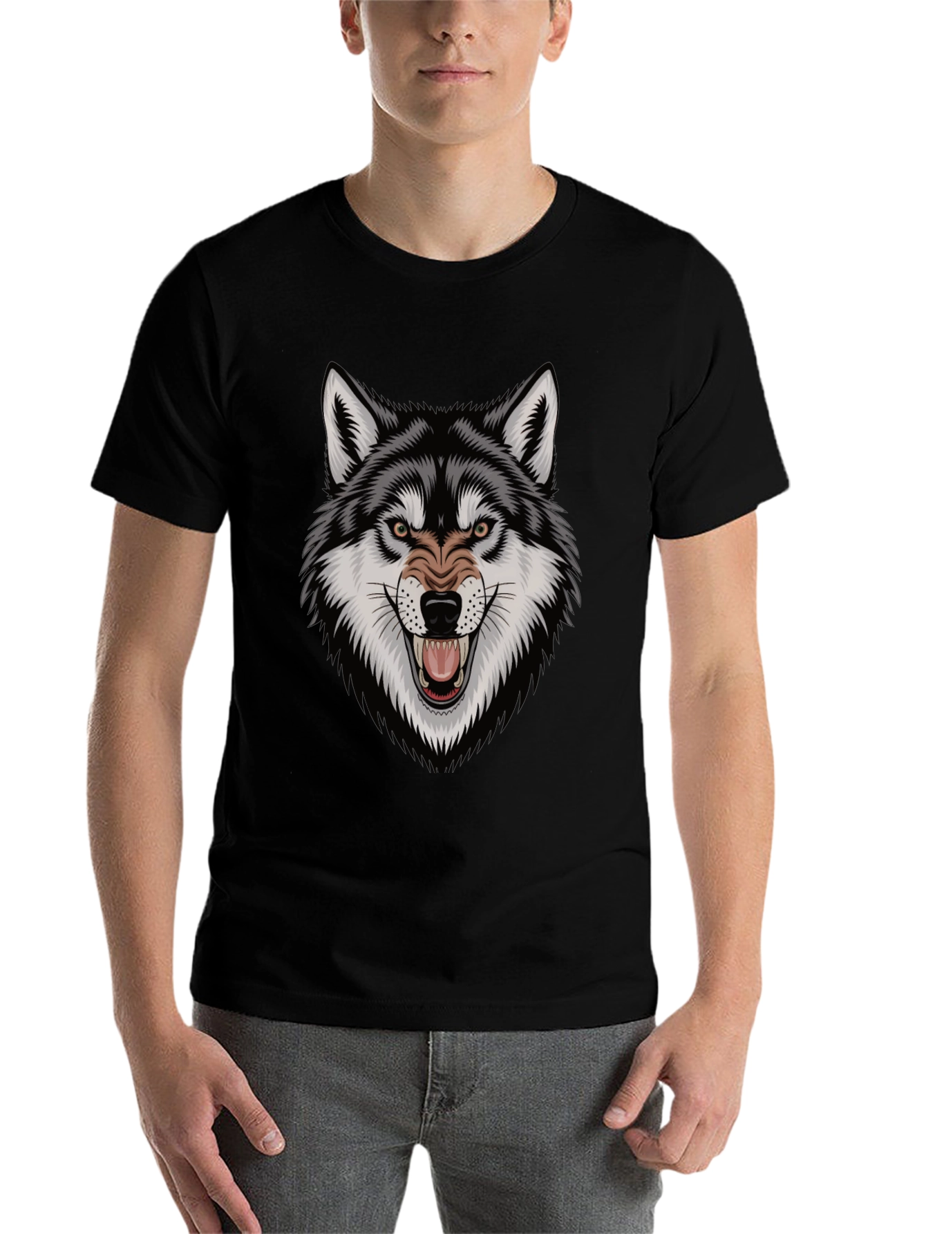 Black Men's Wolf Graphic Tee - Fierce Design, Black Cotton T-Shirt view 7
