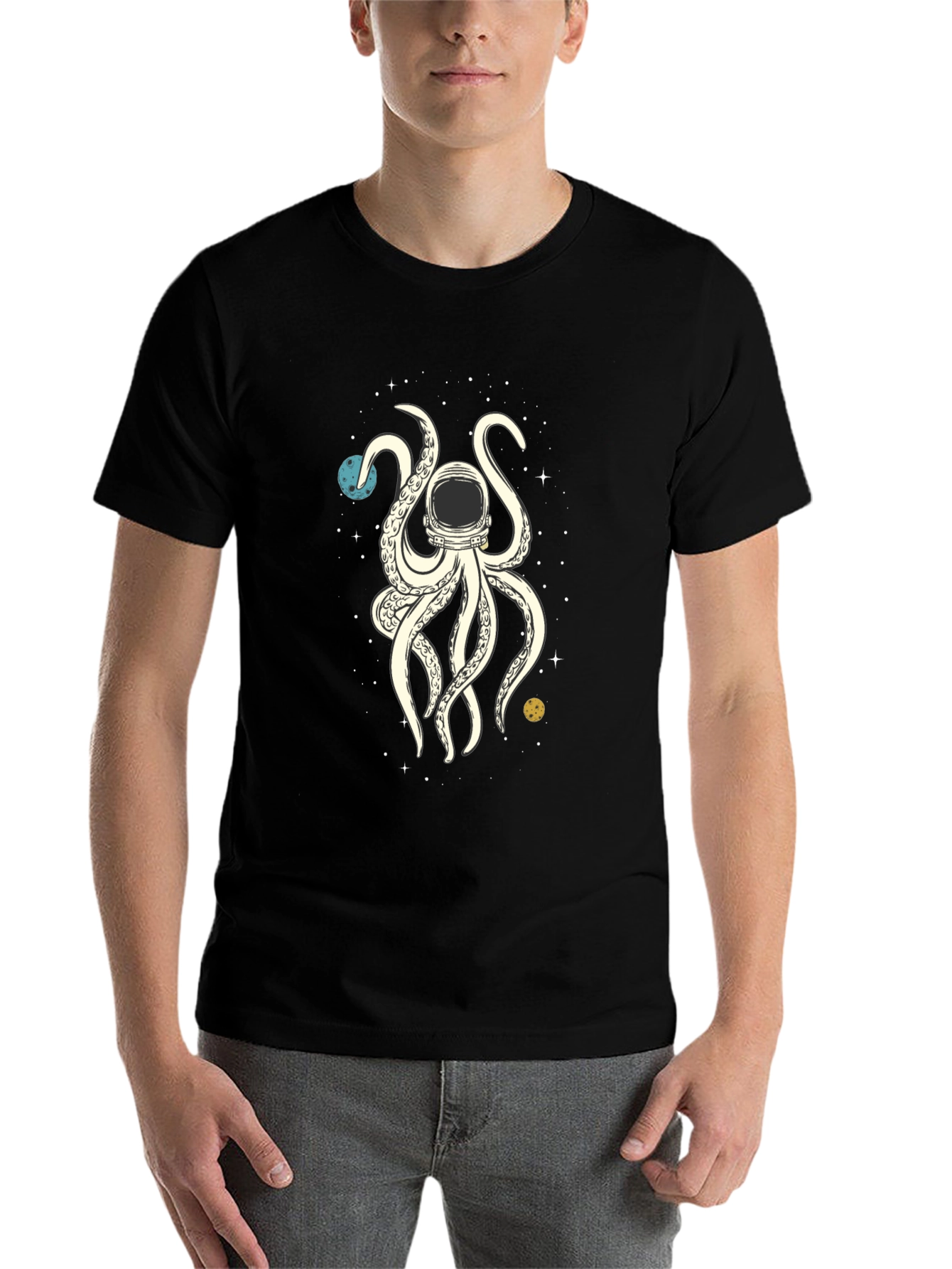 Black Cosmic Kraken Tee: Astronaut Octopus in Space view 7