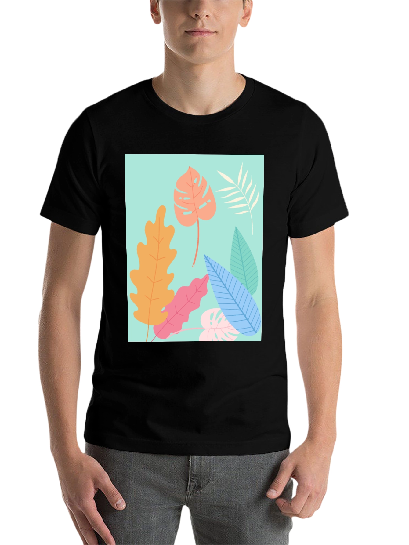 Black Tropical Leaves Graphic Tee - Black Cotton T-Shirt view 7