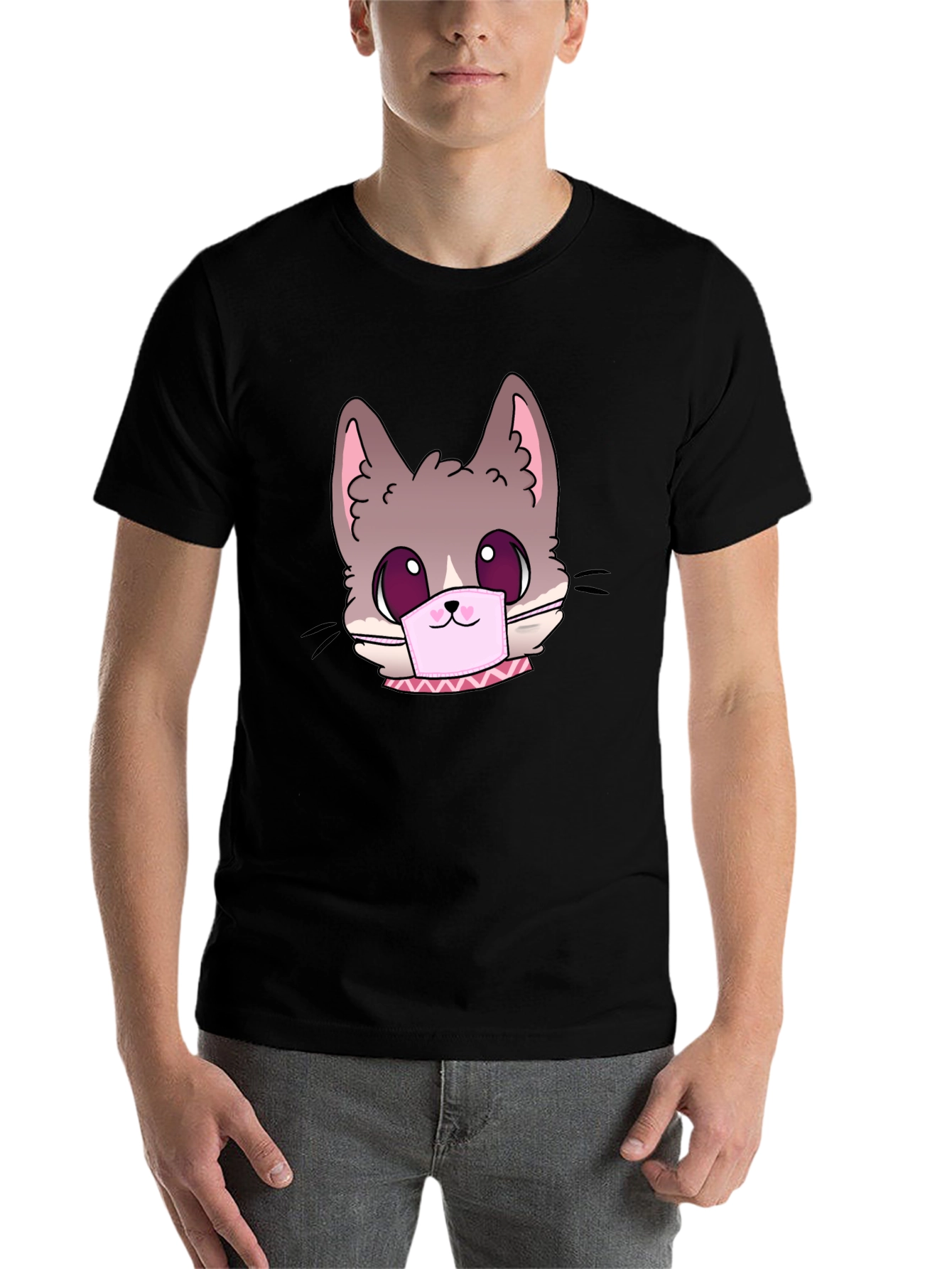 Black Cute Cat Face Mask Graphic T-Shirt view 7