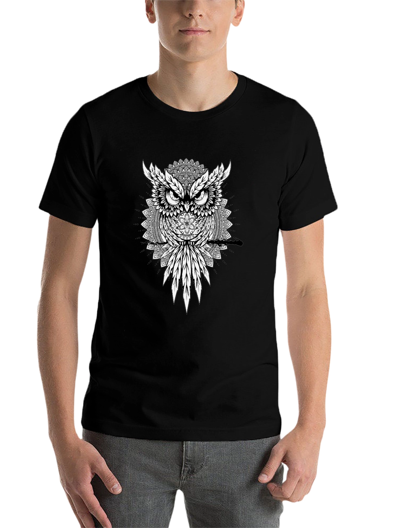 Black Owl Mandala Graphic Tee - Men's Black T-Shirt view 7