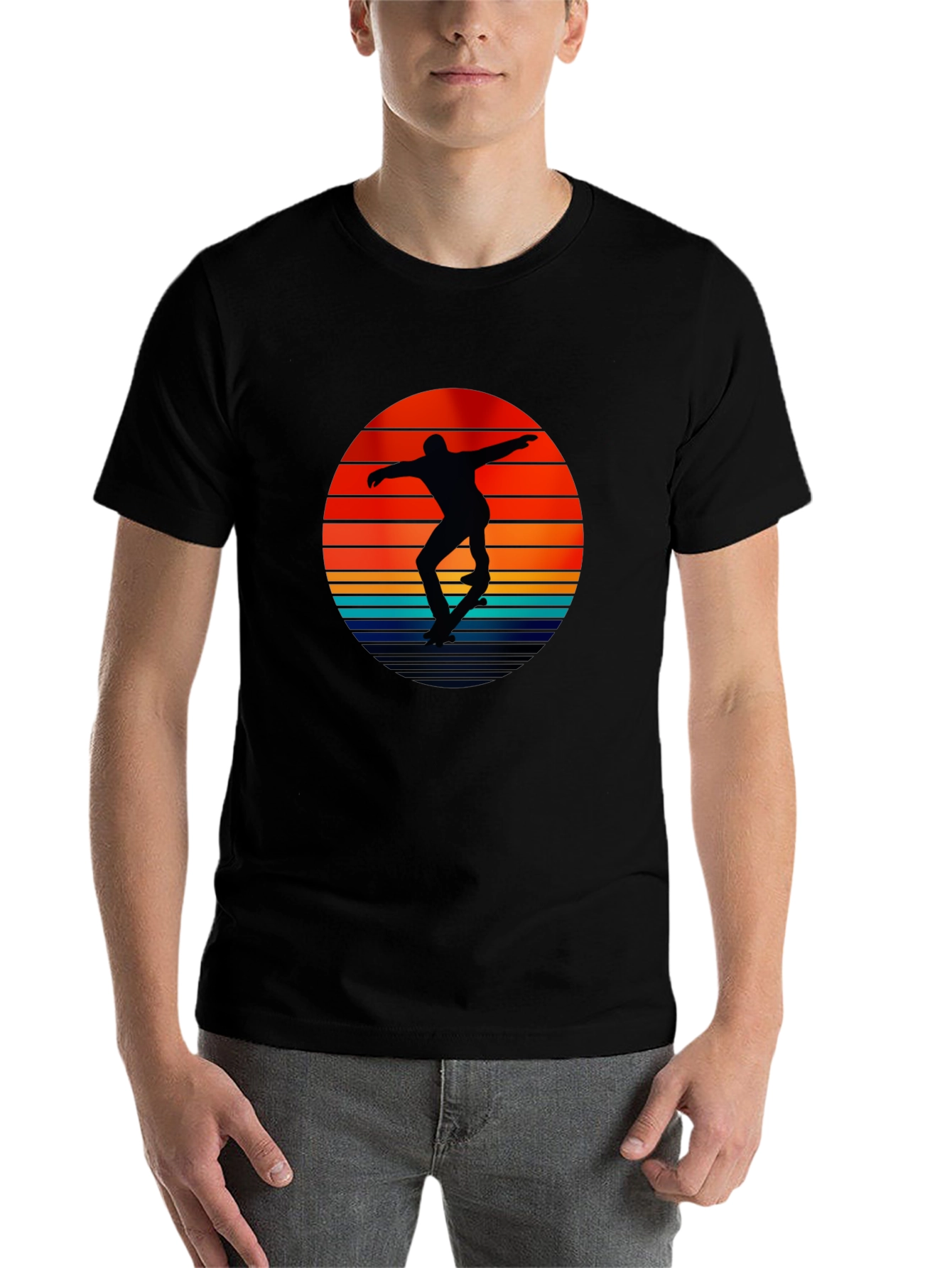 Black Retro Skateboarder Sunset Graphic T-Shirt view 7