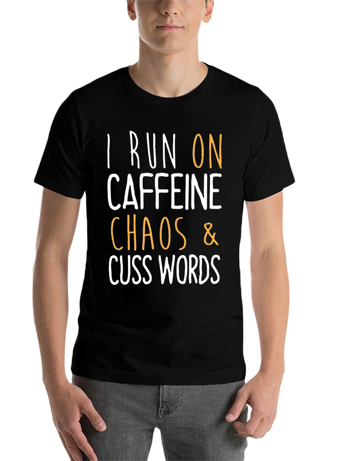 Black I Run On Caffeine, Chaos & Cuss Words T-Shirt view 7