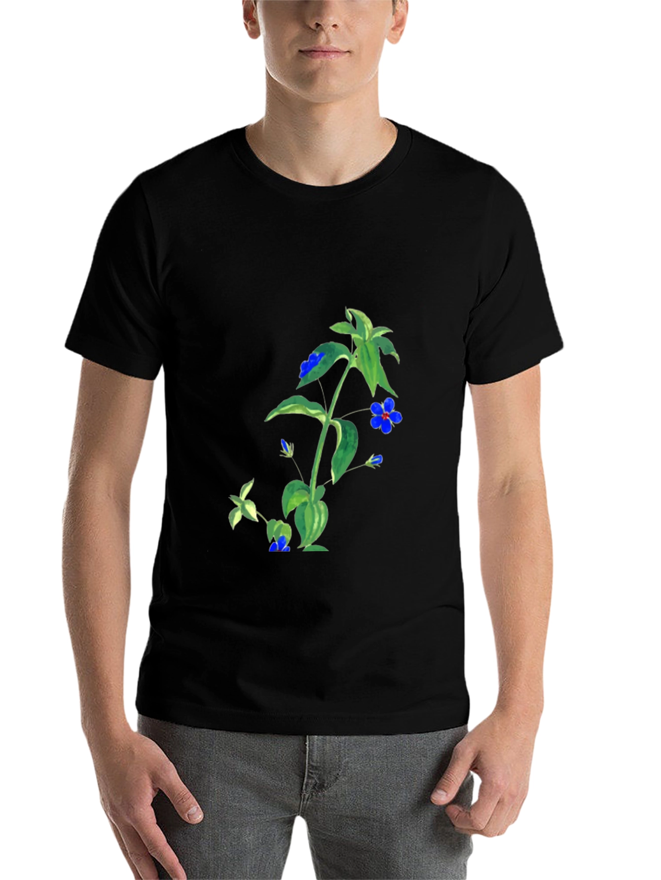 Black Botanical Blue Flower Graphic Black T-Shirt view 7