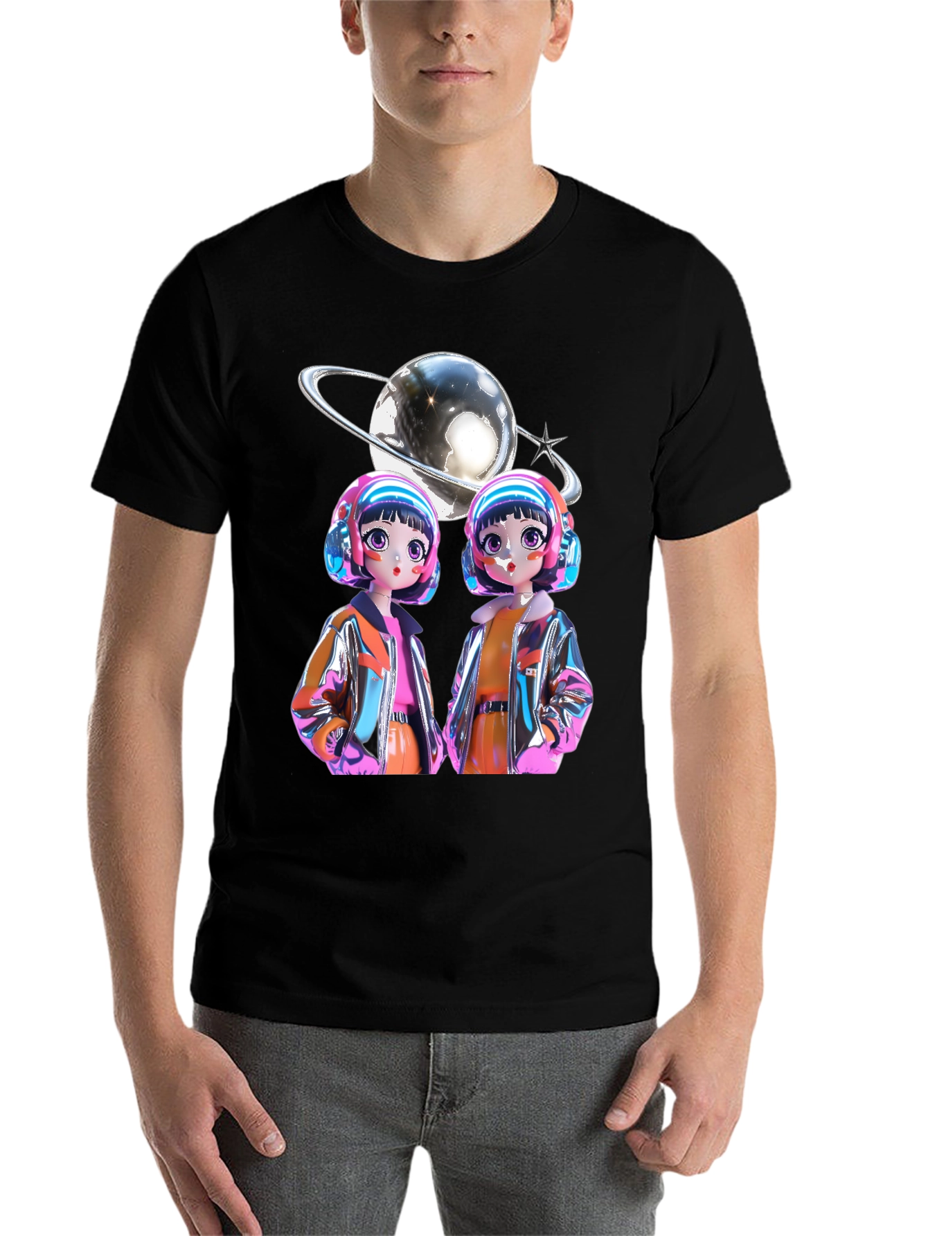 Black Retro Anime Twins Graphic Tee - Black Cotton T-Shirt view 7