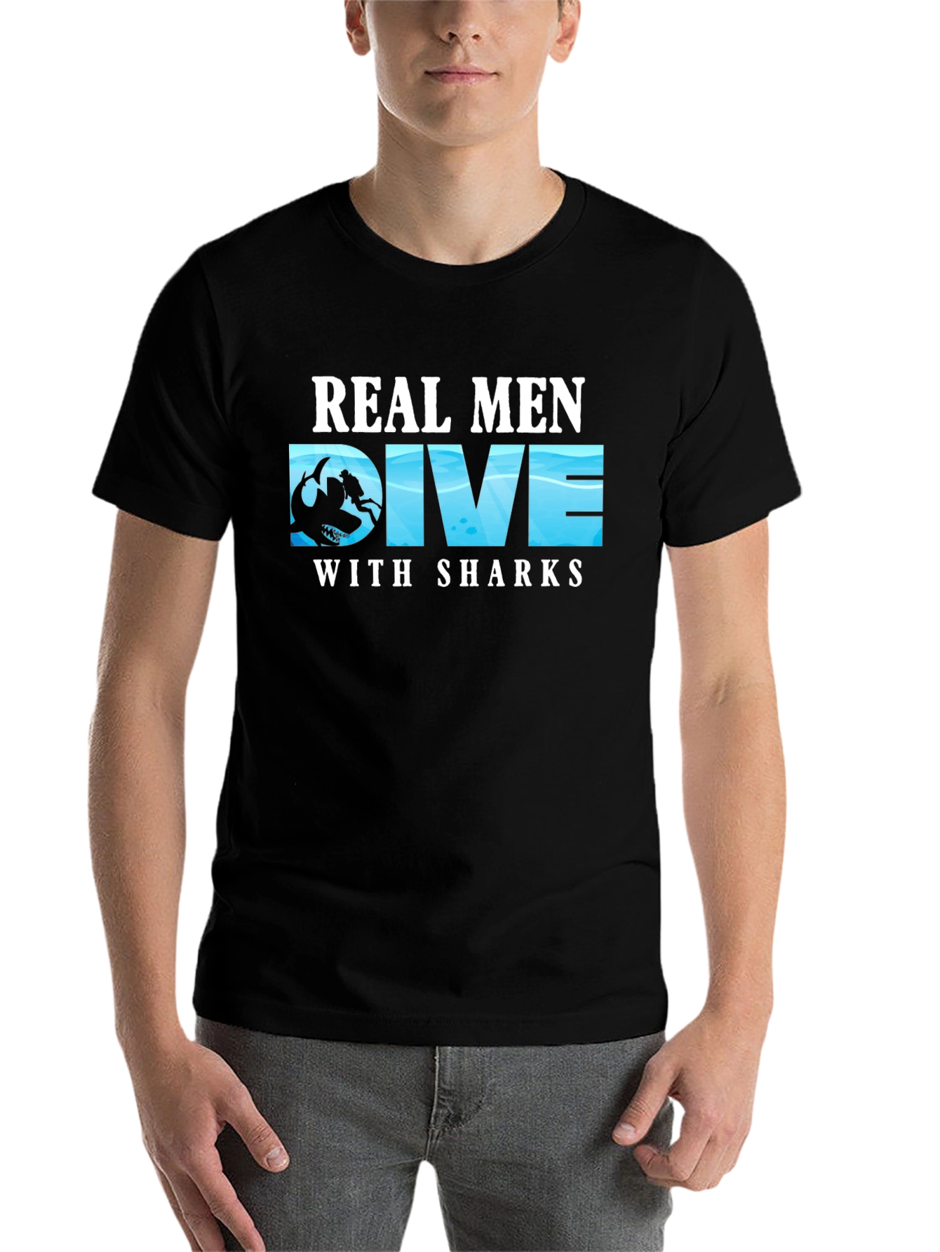 Black Real Men Dive With Sharks T-Shirt view 7