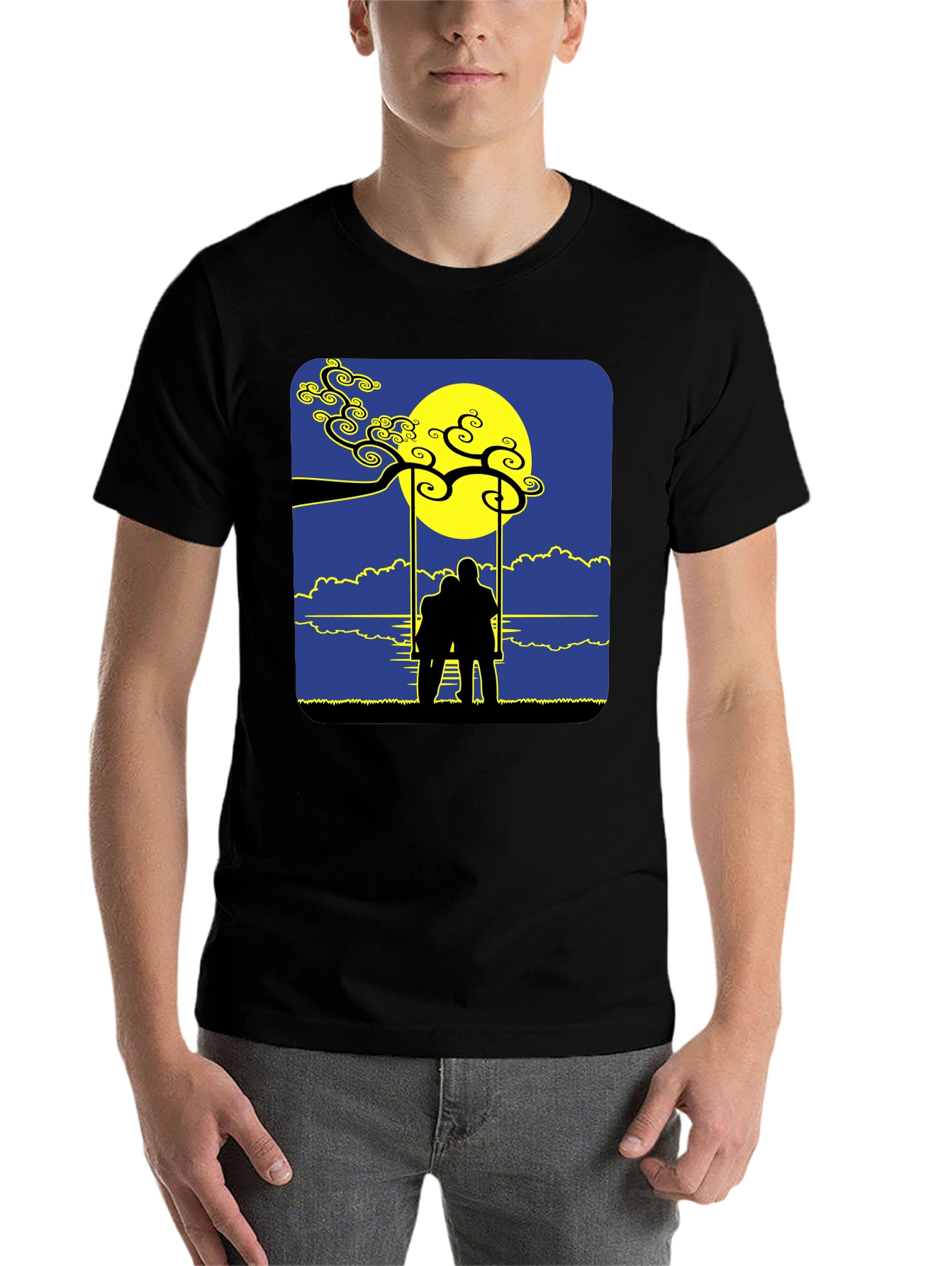 Black Romantic Silhouette Tee: Lovers on a Swing at Moonrise view 7