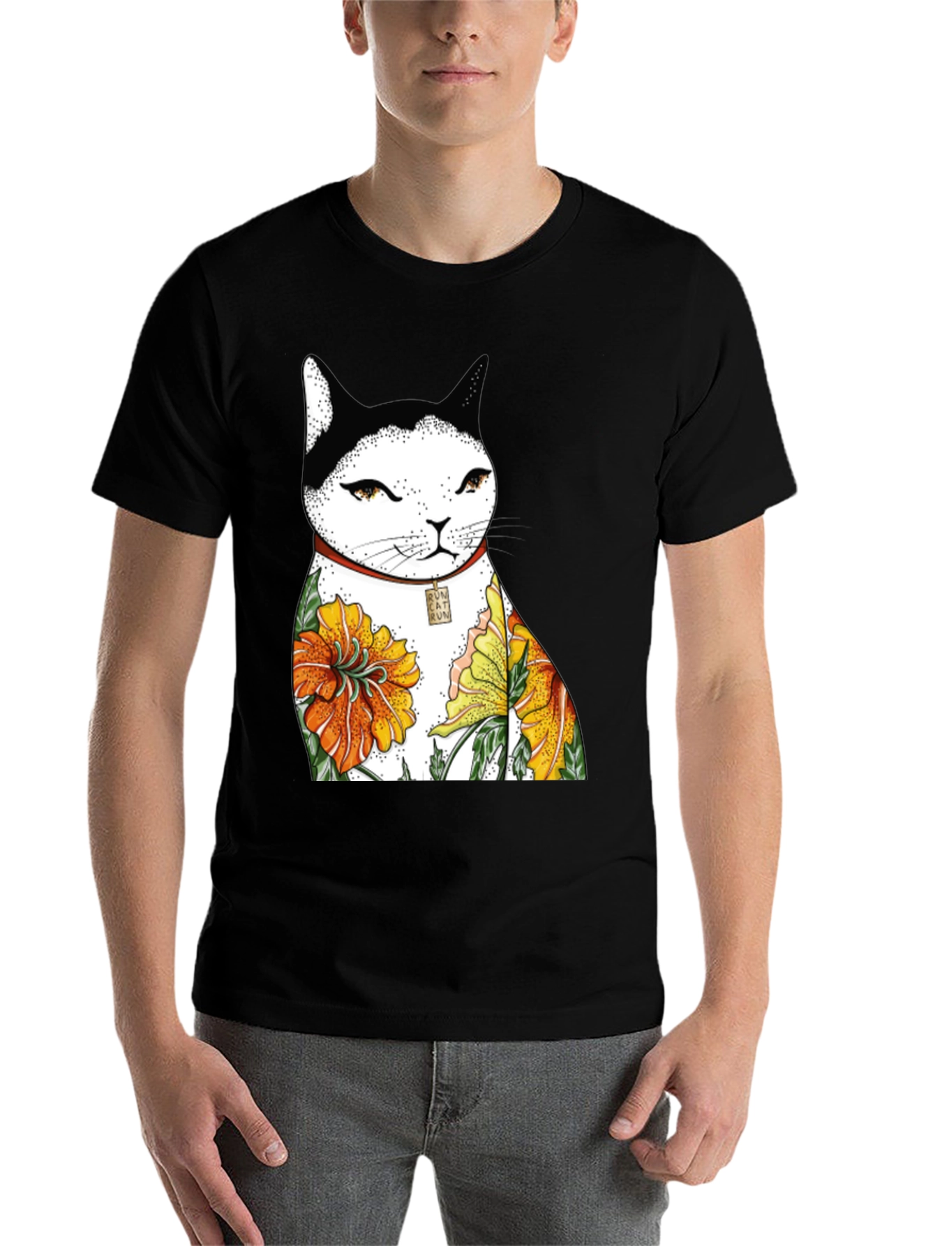 Black Cat & Flowers Black T-Shirt view 7