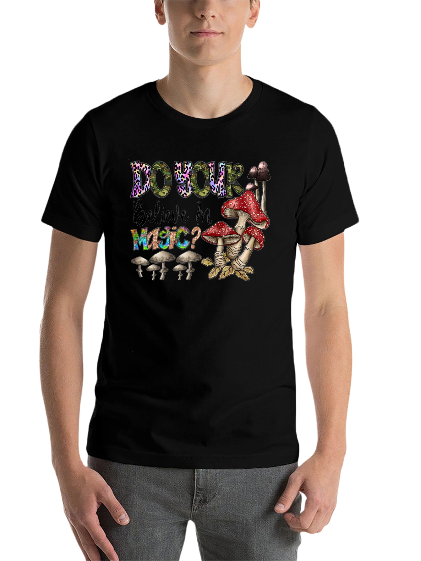 Black Do You Believe In Magic? Mushroom T-Shirt view 7