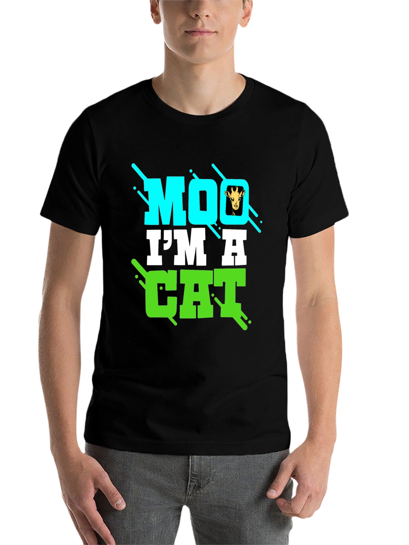 Black Funny Giraffe Moo I'm a Cat Graphic T-Shirt view 7