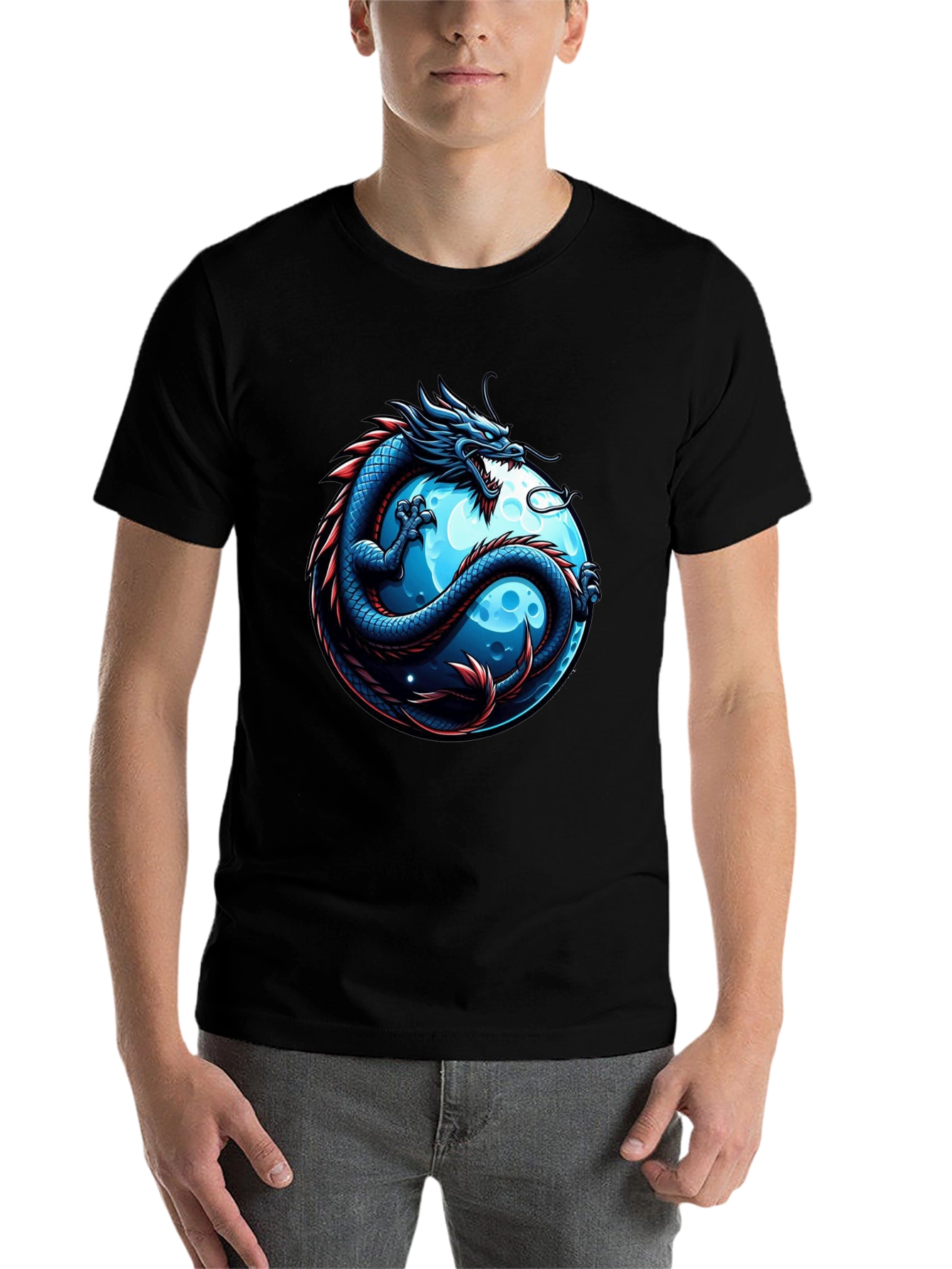 Black Dragon & Moon Graphic T-Shirt - Men's Black Tee view 7