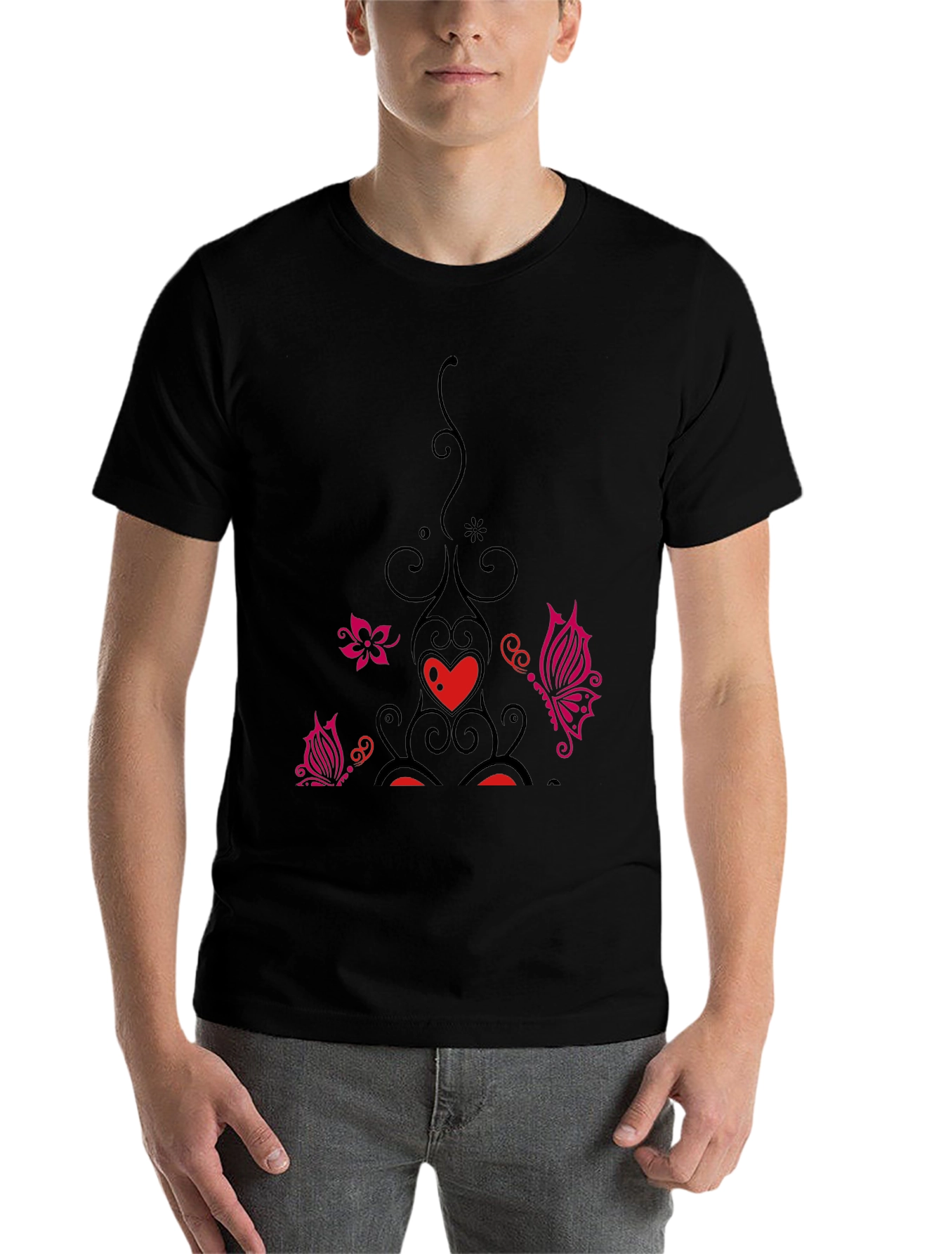 Black Black Tee with Floral Heart Butterfly Design view 7