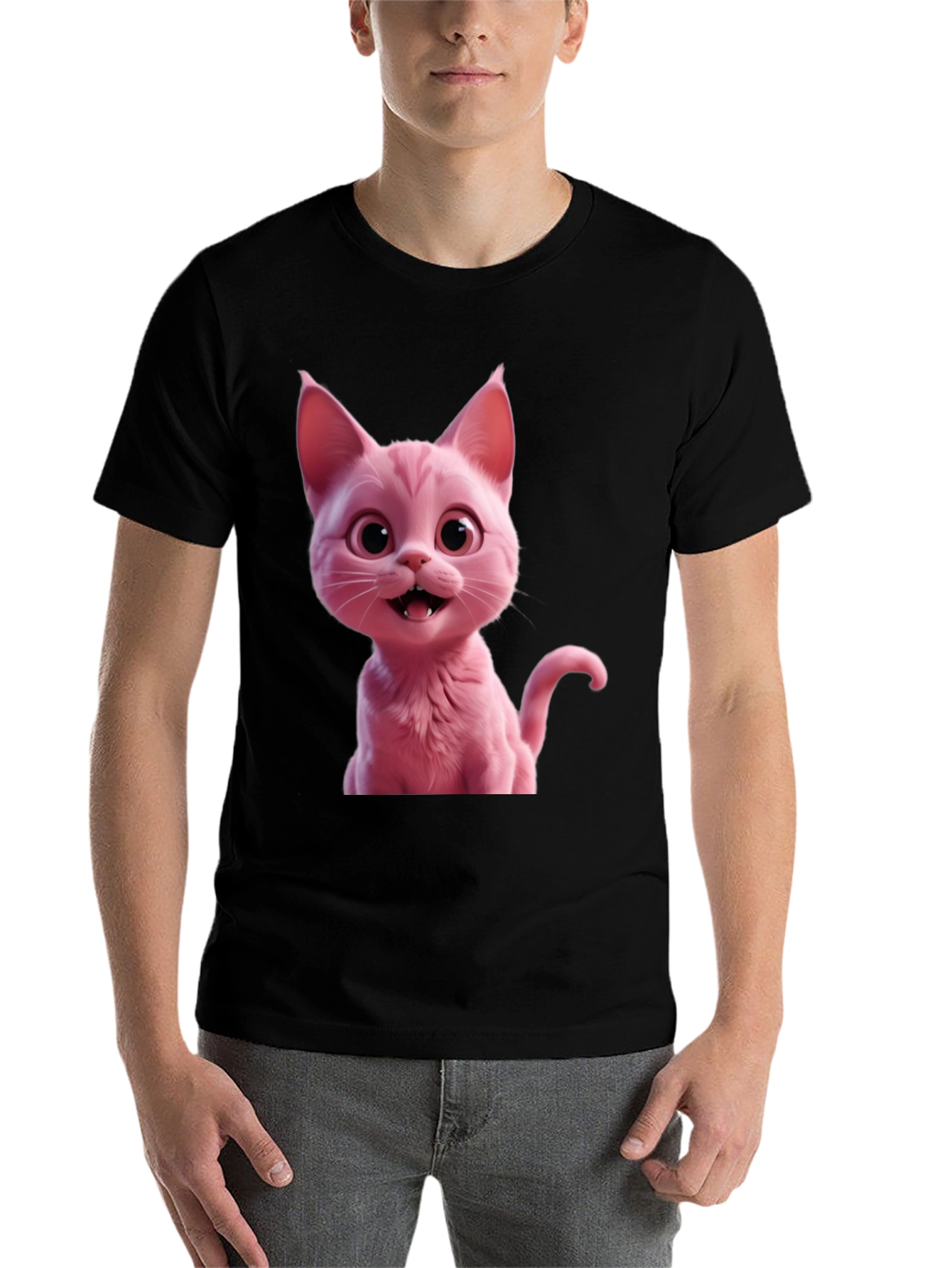 Black Pink Cat Graphic Tee - Black Unisex T-Shirt view 7
