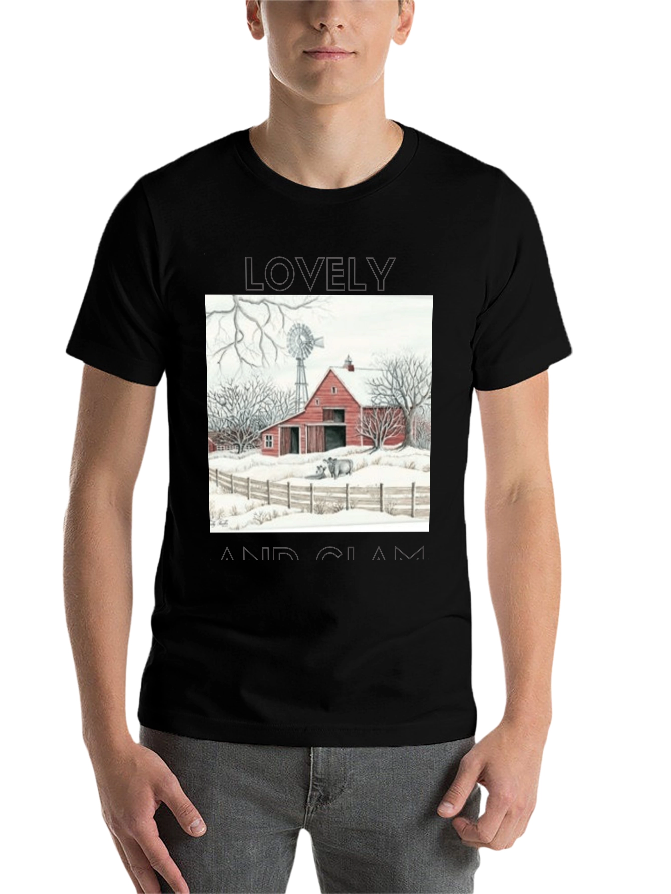 Black Rustic Barn Winter Scene Graphic Tee view 7