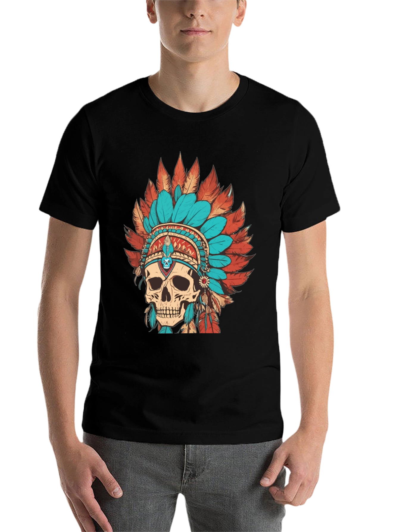 Black Skull Chief Headdress Graphic Tee - Cool Unique Design view 7