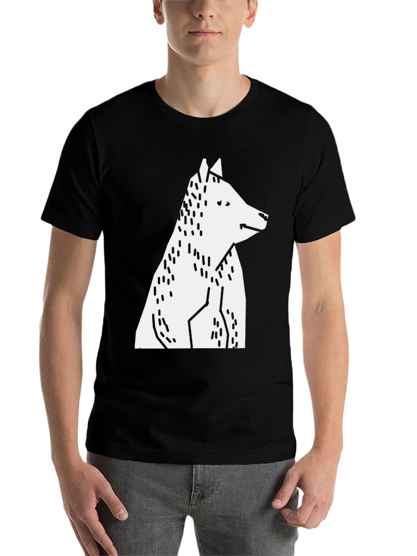 Black Abstract Geometric Wolf Graphic Tee - Black Cotton T-Shirt view 7