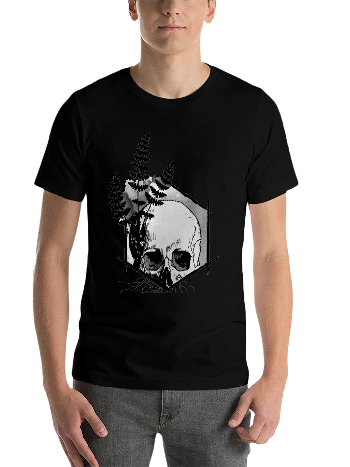 Black Skull Fern Graphic Print Black T-Shirt view 7