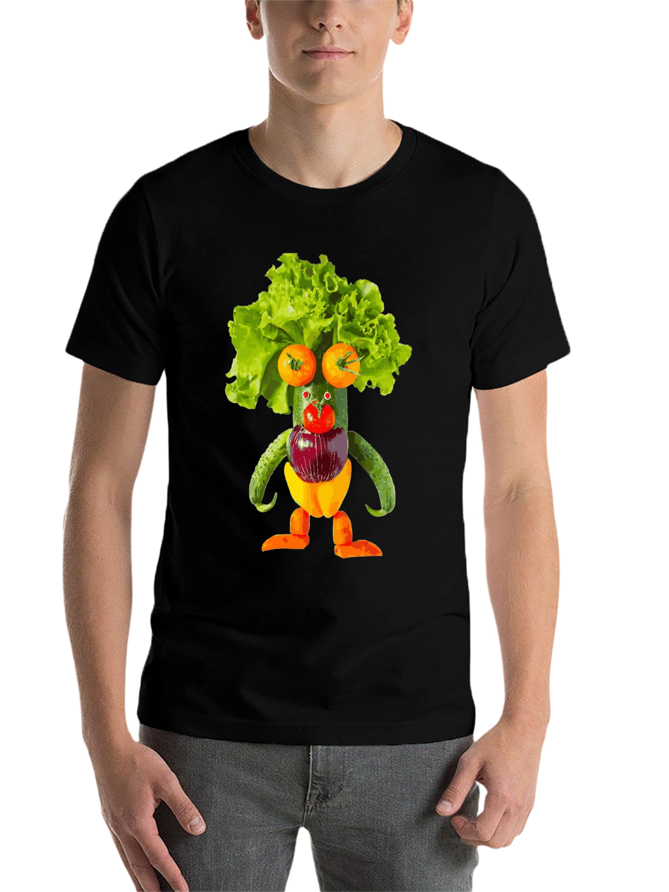 Black Whimsical Vegetable Art T-Shirt - Unique Foodie Fashion view 7