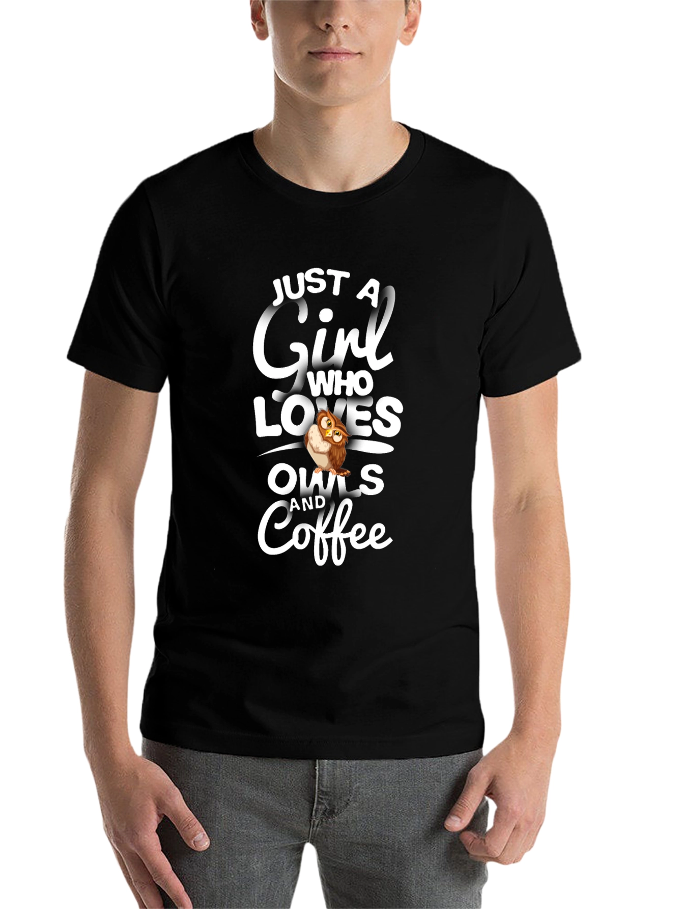Black Just a Girl Who Loves Owls and Coffee T-Shirt view 7
