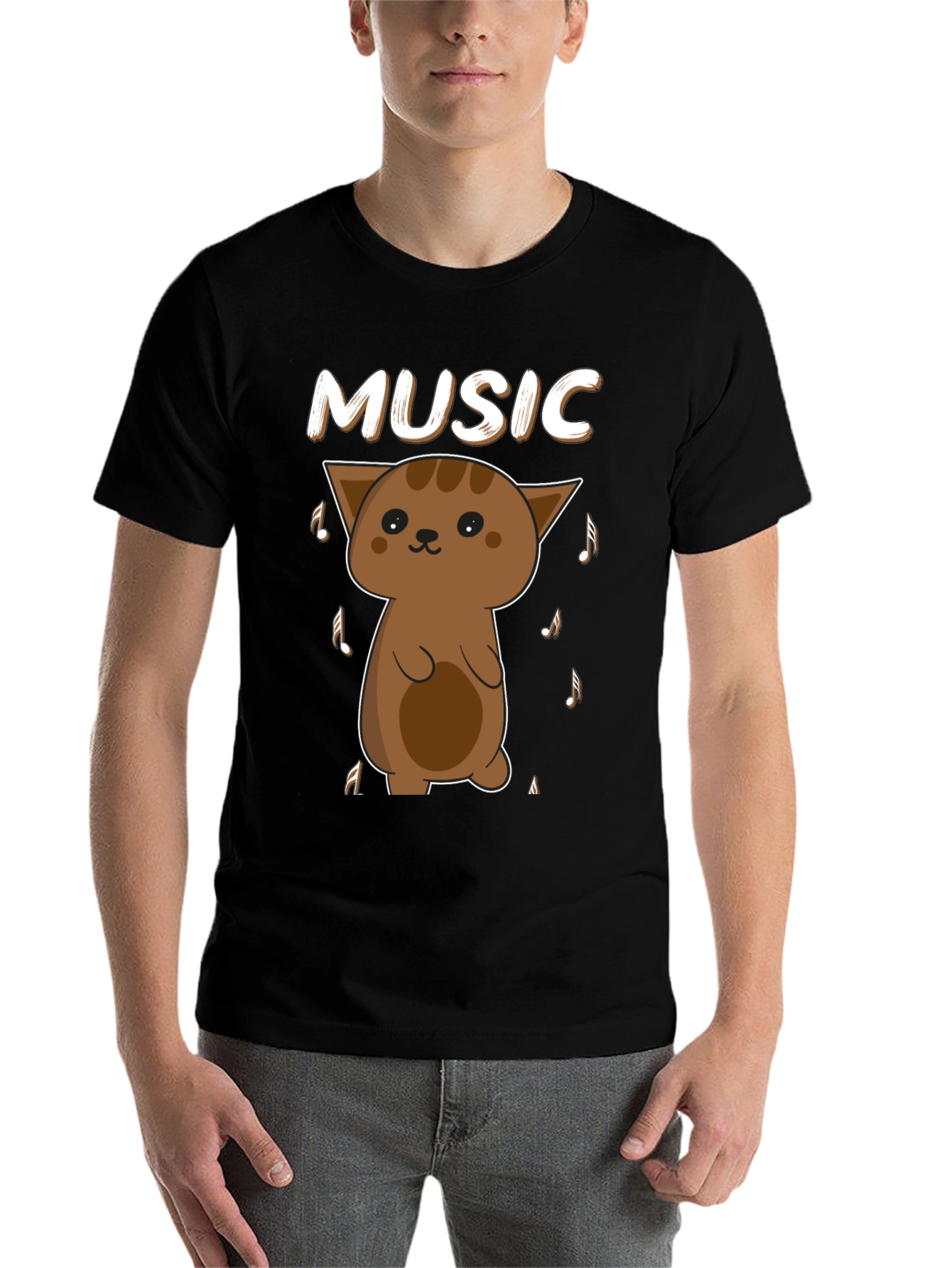Black Cute Cat Music Lover T-Shirt - Unisex Soft Cotton Tee view 7