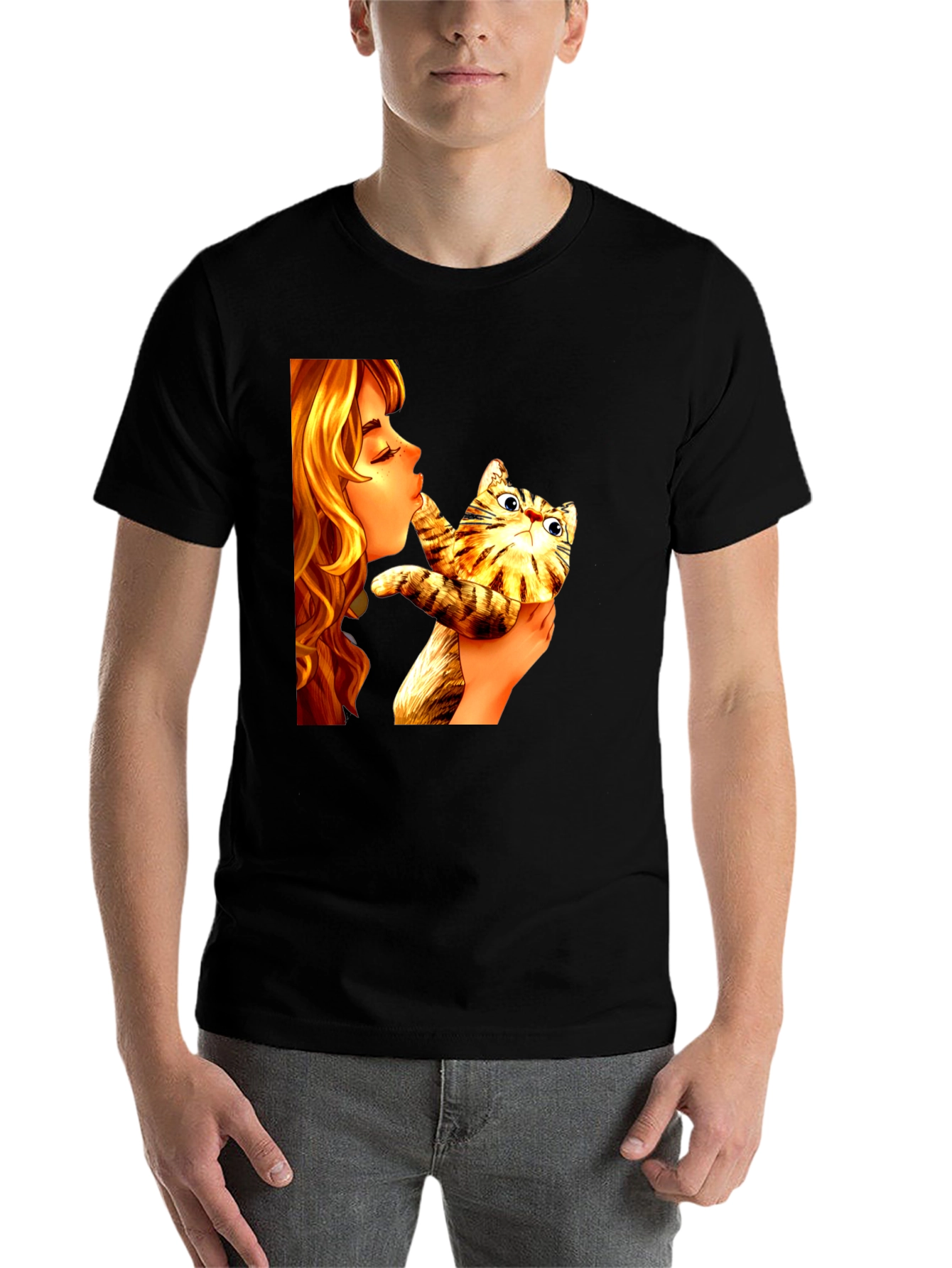Black Girl Kissing Cat Graphic Tee - Novelty Unisex T-Shirt view 7