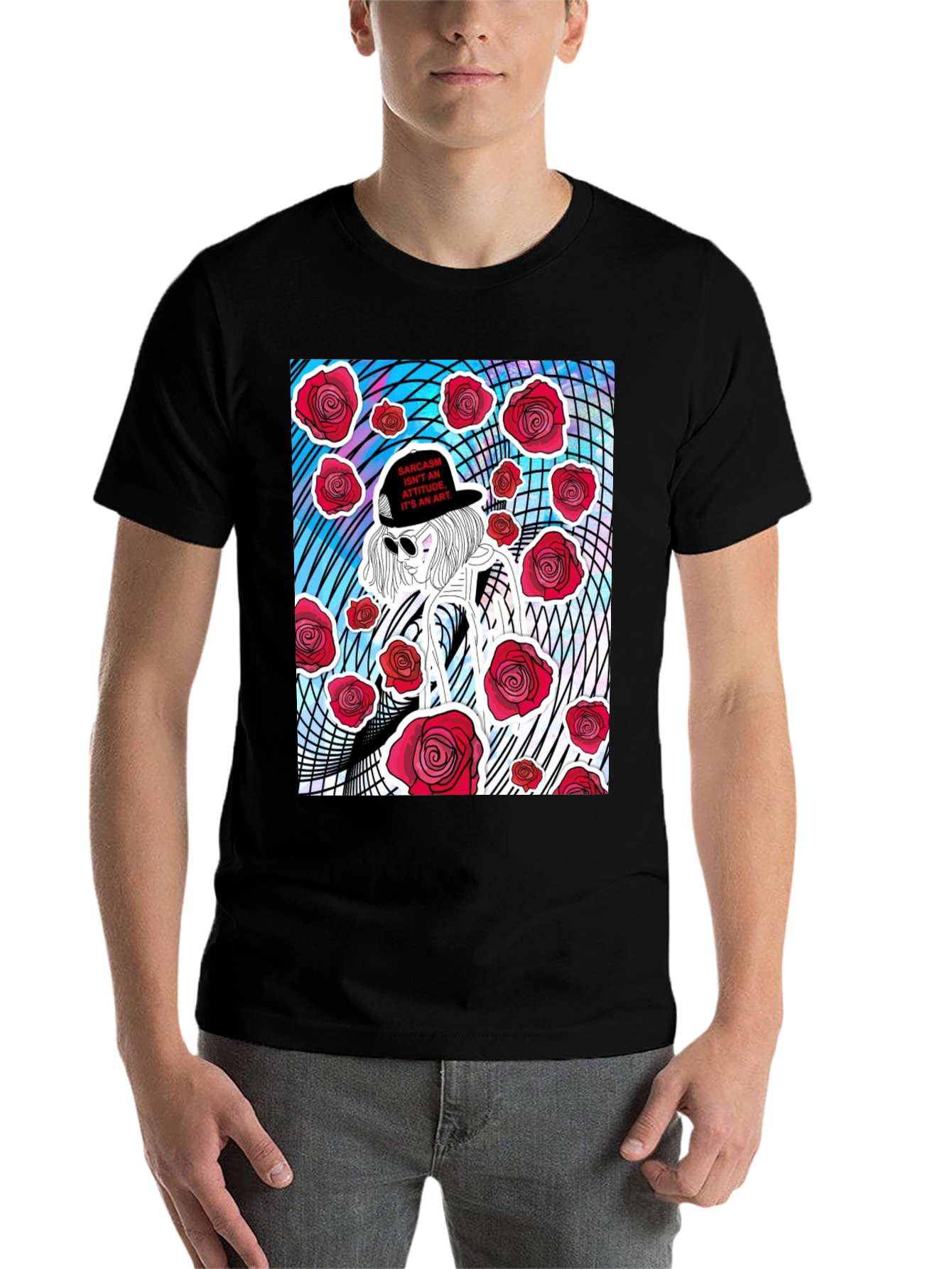 Black Edgy Rose Graphic Tee - Sarcasm Art view 7