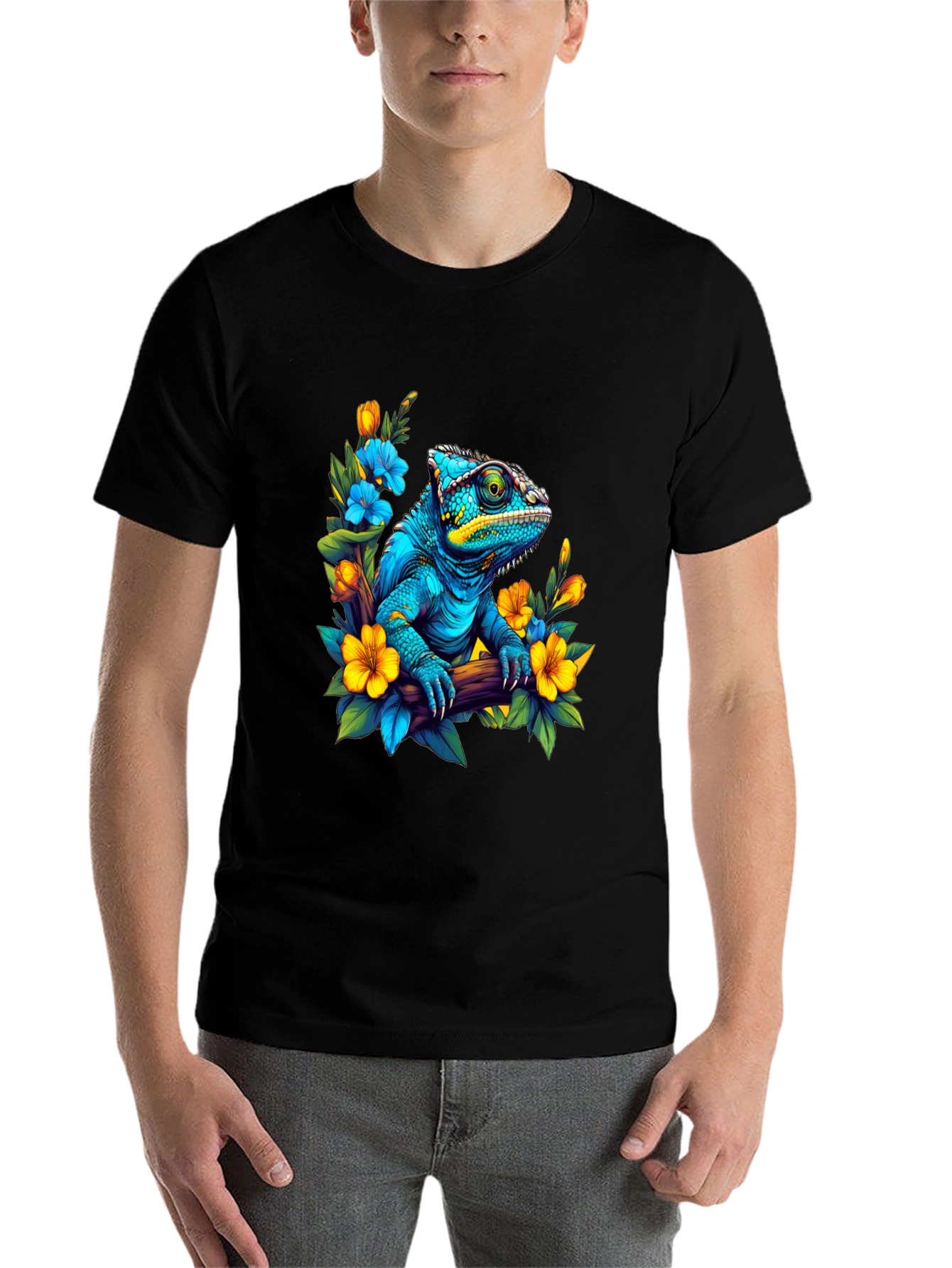 Black Blue Chameleon Floral Graphic Tee view 7