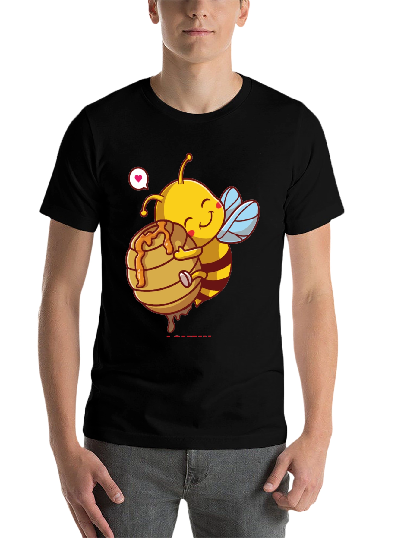 Black Cute Bee Hugging Honeycomb Graphic T-Shirt view 7