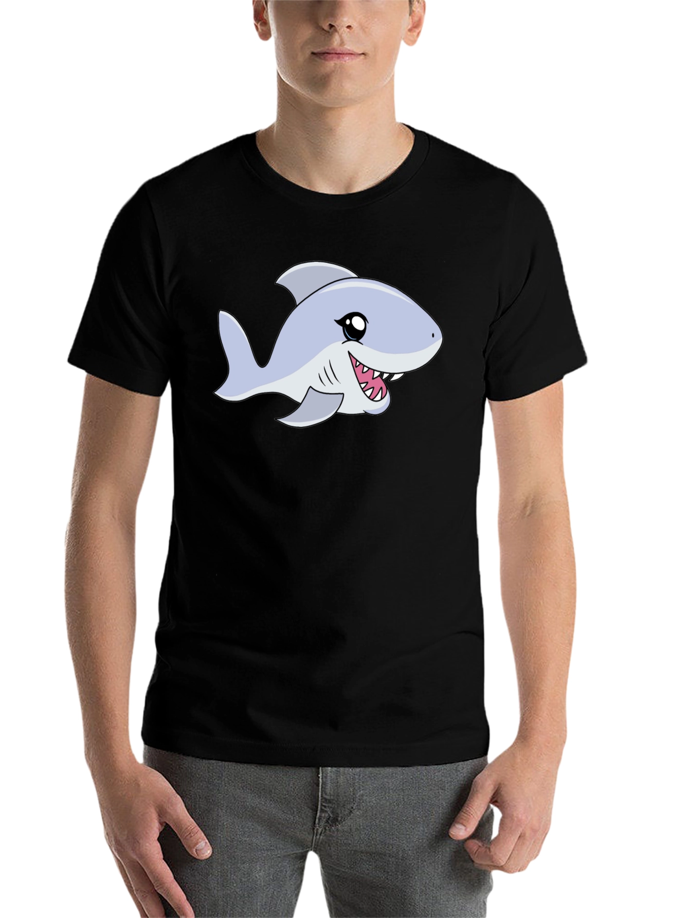 Black Cartoon Shark Graphic Tee - Black Casual Shirt view 7