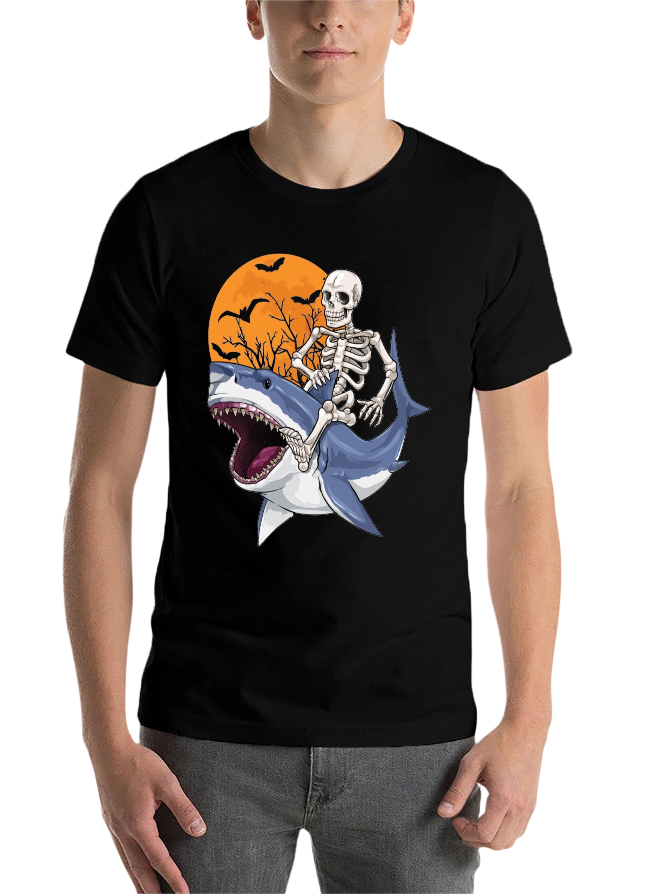Black Skeleton Riding Shark Graphic T-Shirt - Halloween Style view 7