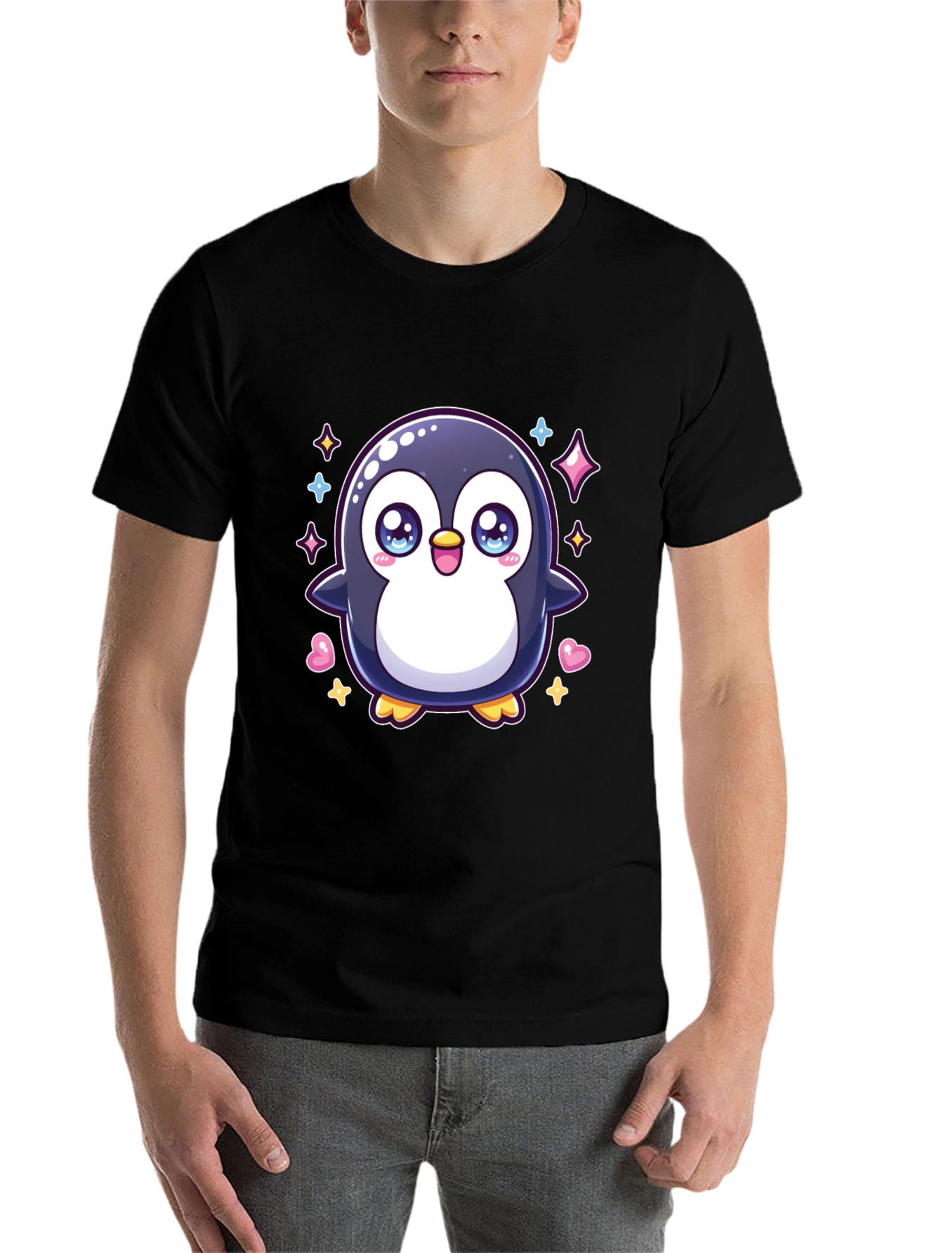 Black Cute Penguin Graphic Tee - Black Cotton Shirt view 7