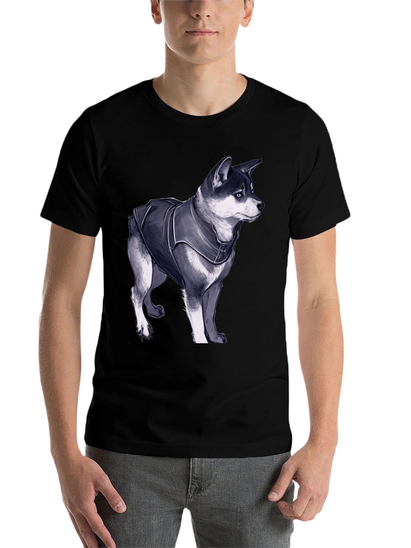Black Dog in Jacket Graphic Tee - Black Casual T-Shirt view 7
