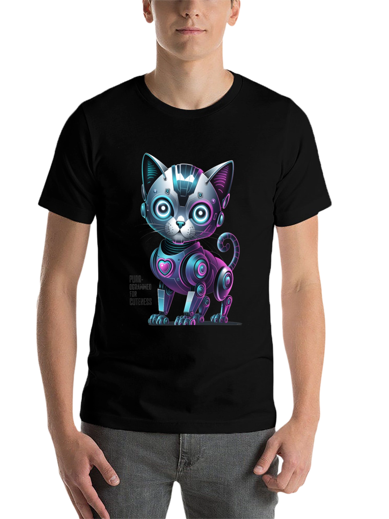Black Robo Cat T-Shirt - Purr-ogrammer for Cuteness view 7