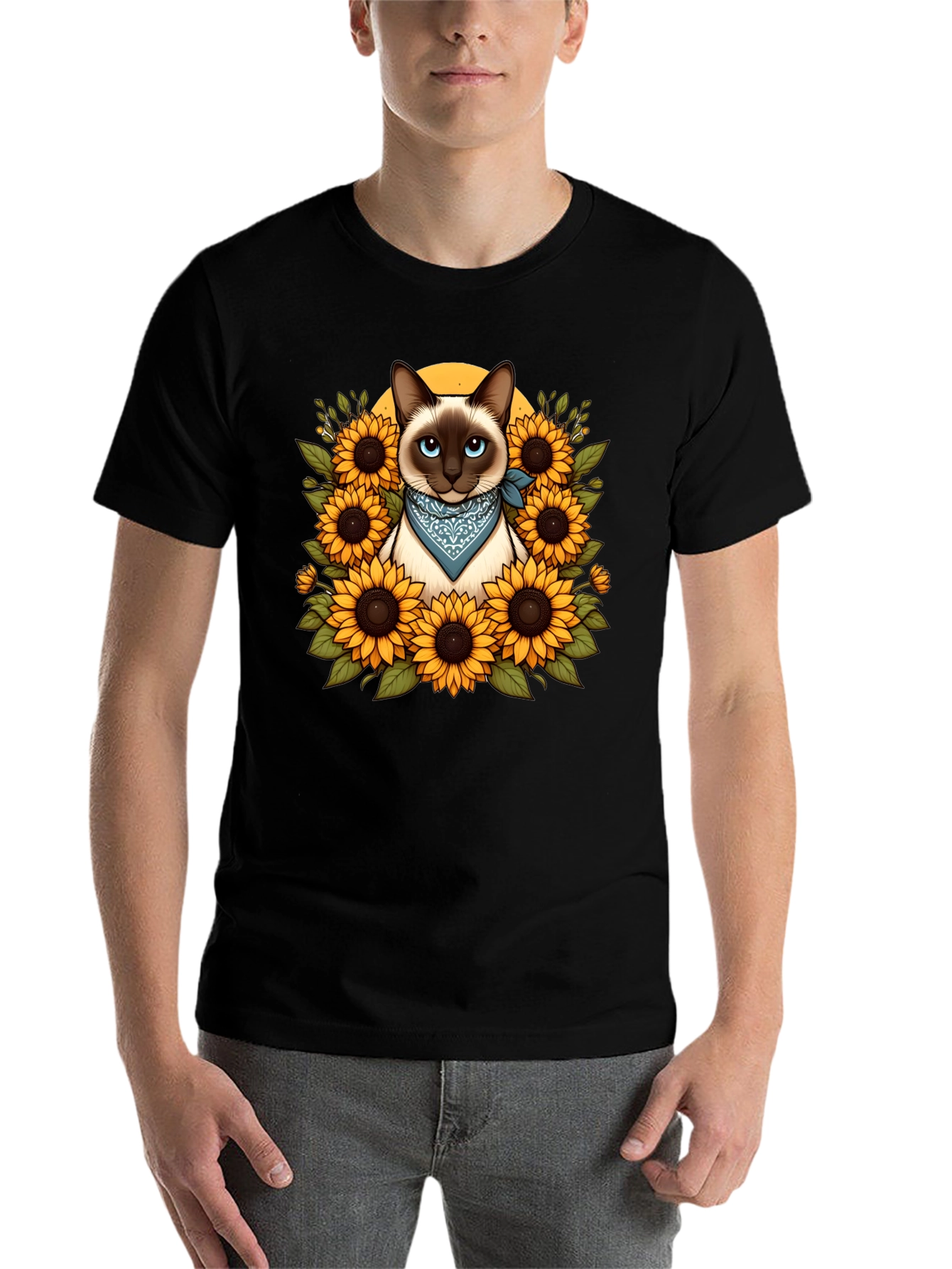 Black Siamese Cat Sunflower Graphic T-Shirt view 7