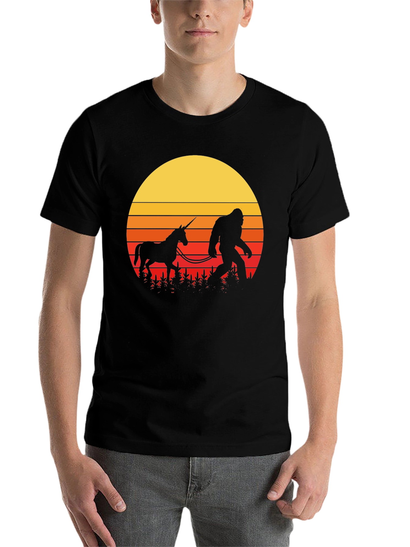 Black Sasquatch & Unicorn Sunset T-Shirt view 7