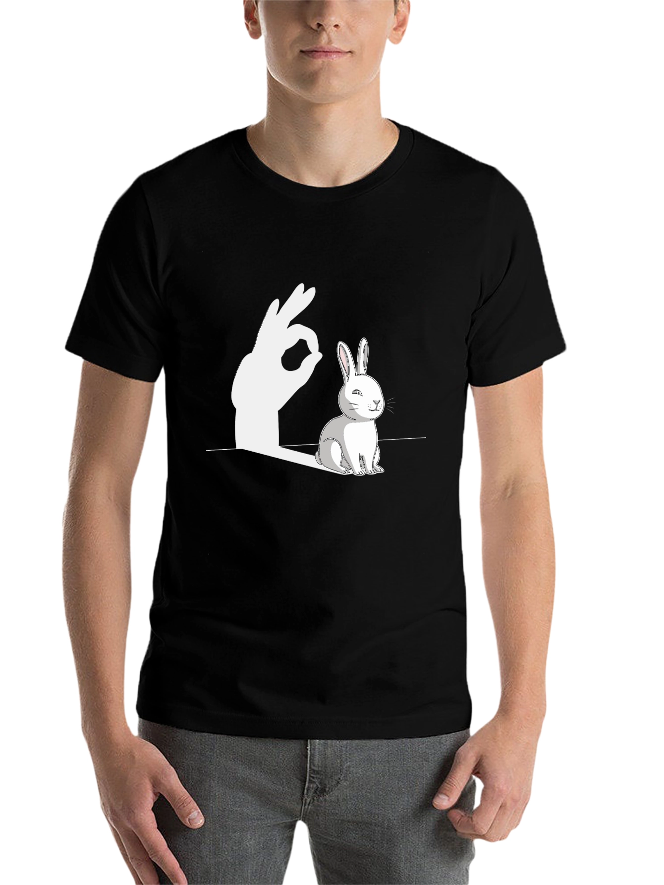 Black Funny Rabbit Shadow Hand Sign Graphic T-Shirt view 7