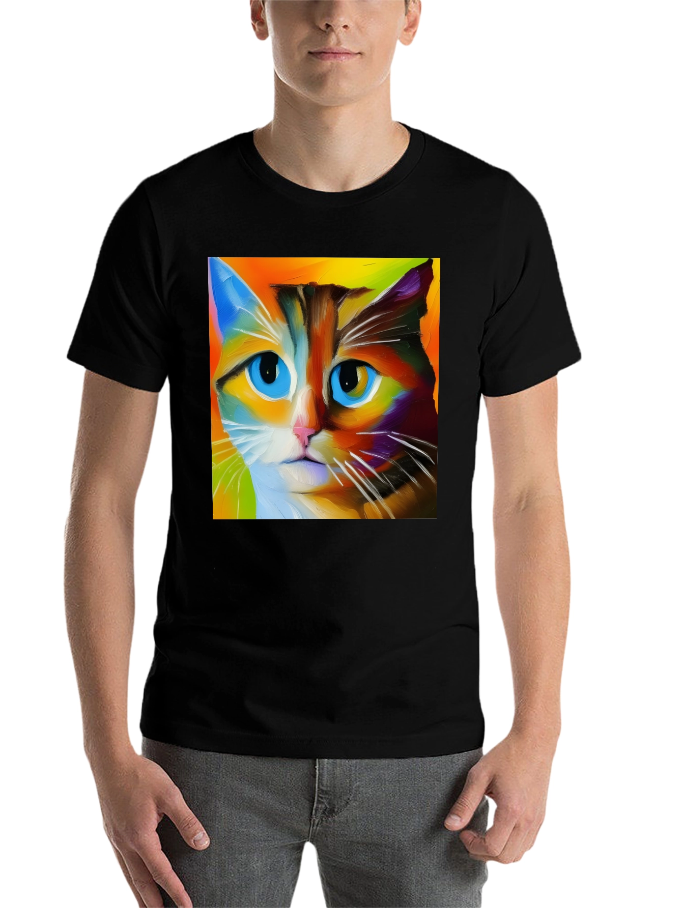 Black Colorful Cat Art T-Shirt view 7